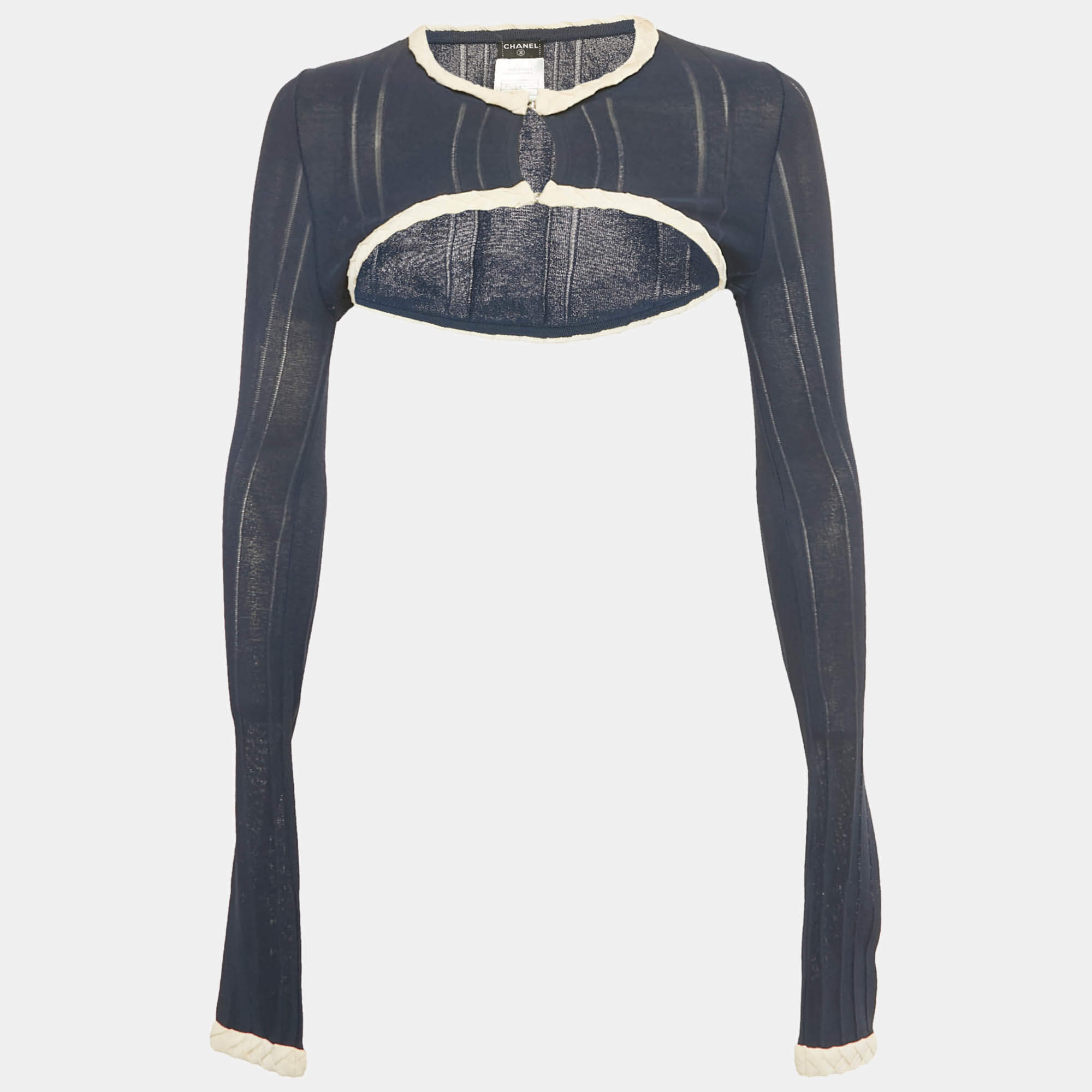 Pre Owned Chanel Navy Blue Knit Long Sleeve Crop Top S