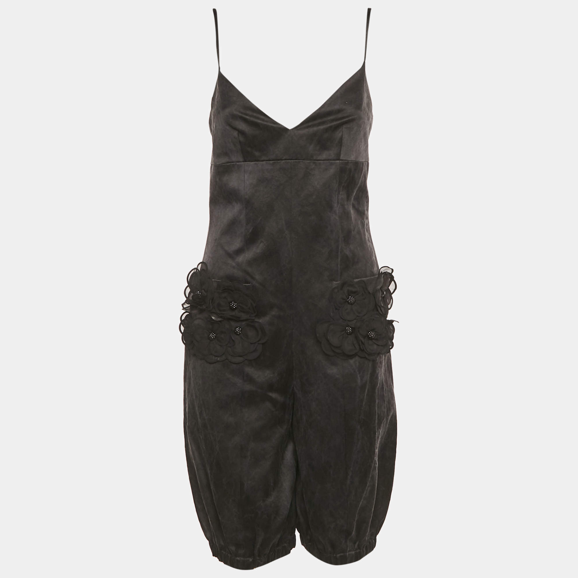 Pre Owned Chanel Black Floral Applique Silk Blend Playsuit S