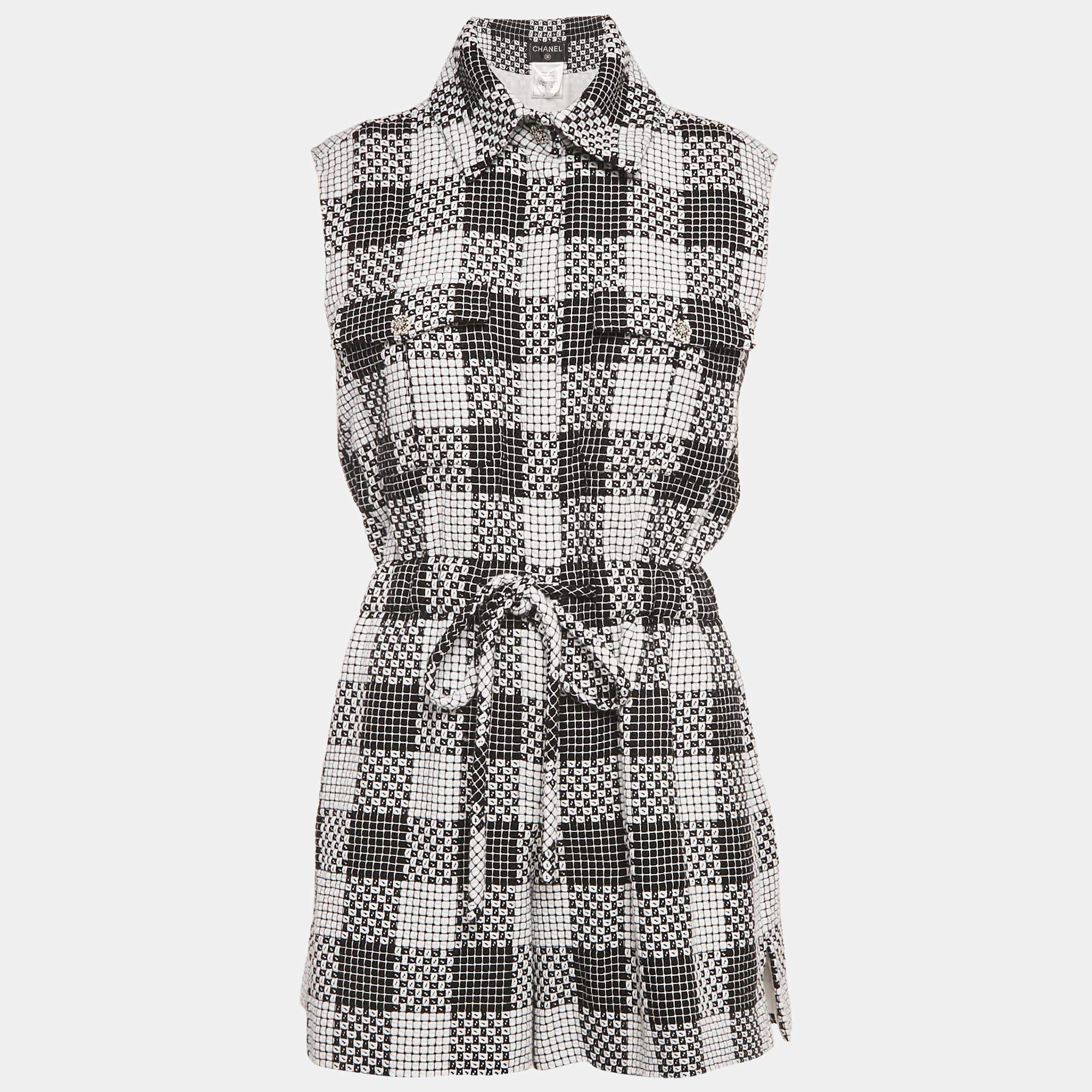 Pre Owned Chanel Black/White Tweed Jumpsuit S