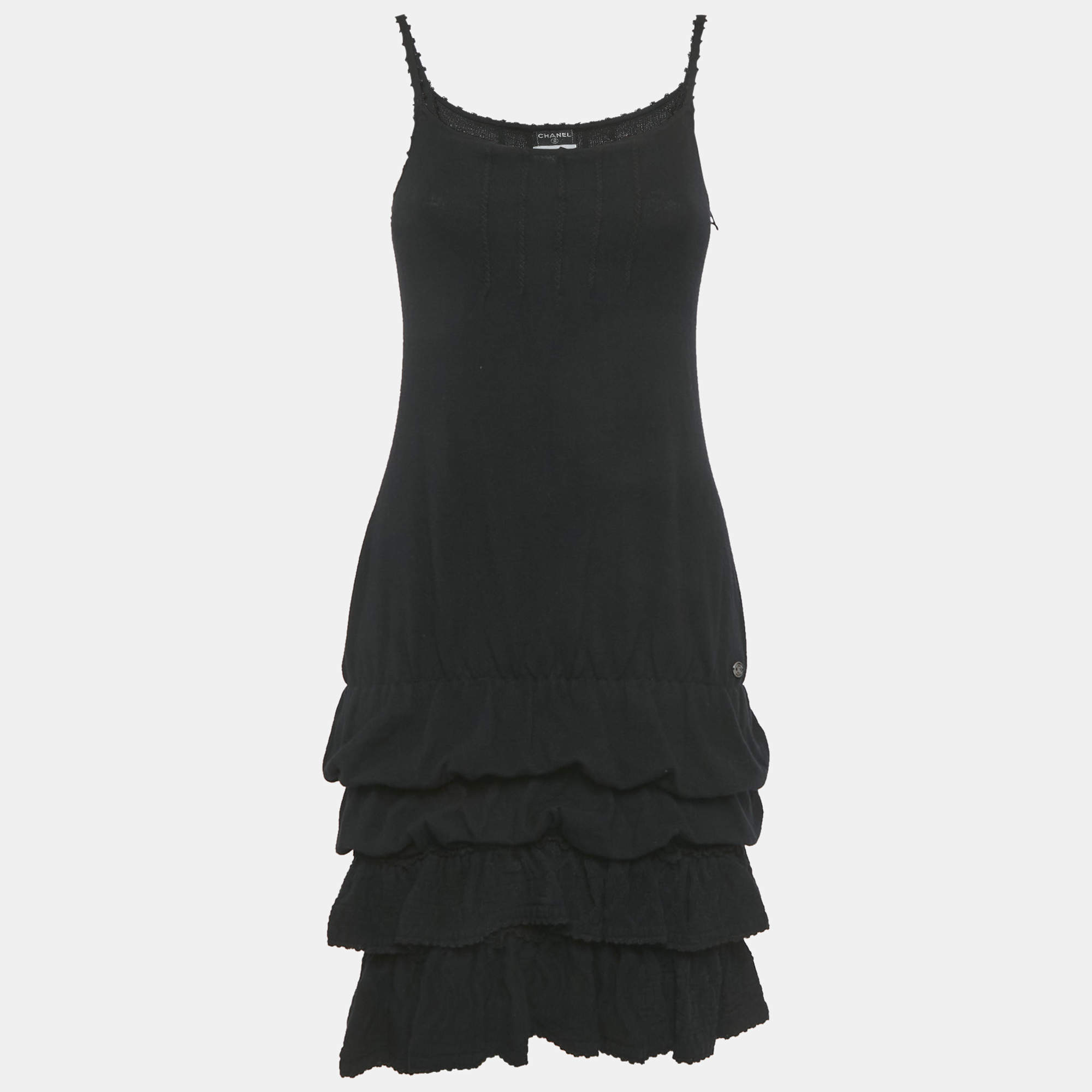 مملوكة مسبقًا Chanel Black Wool Knit Ruffled Mini Dress S