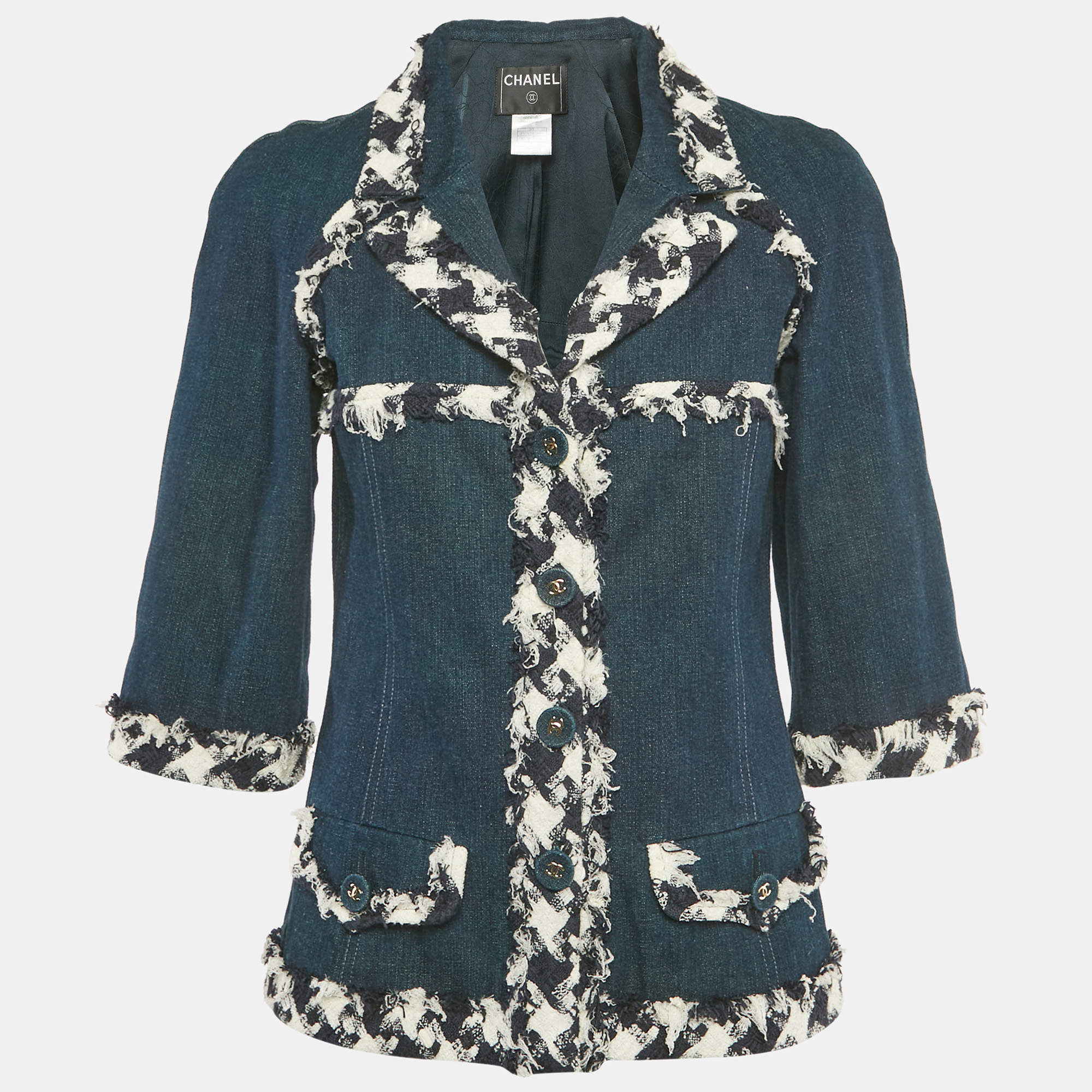 Pre Owned Chanel Navy Blue Raw Edge Denim Jacket M