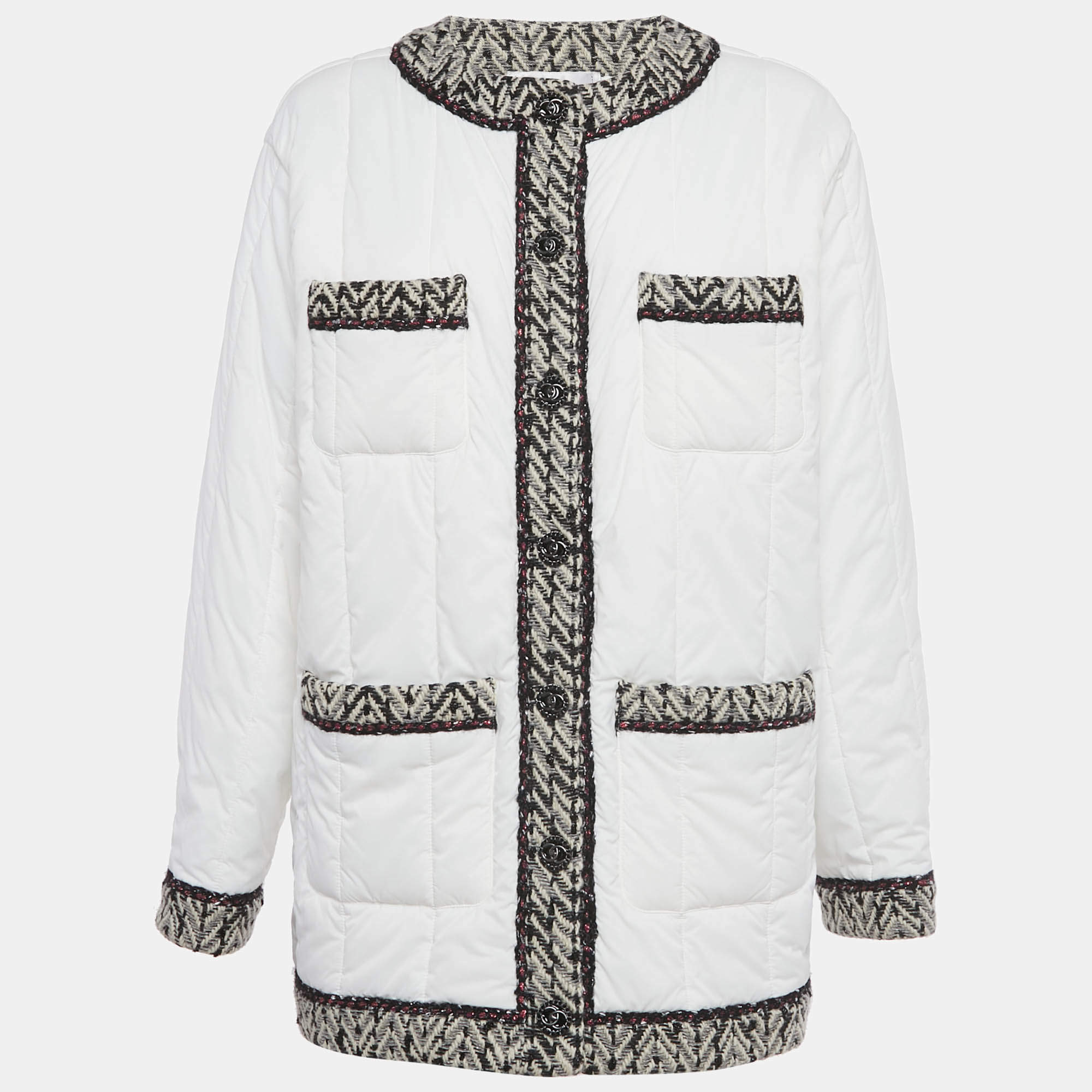 مملوكة مسبقًا Chanel White Tweed Trim Nylon Puffer Jacket XL