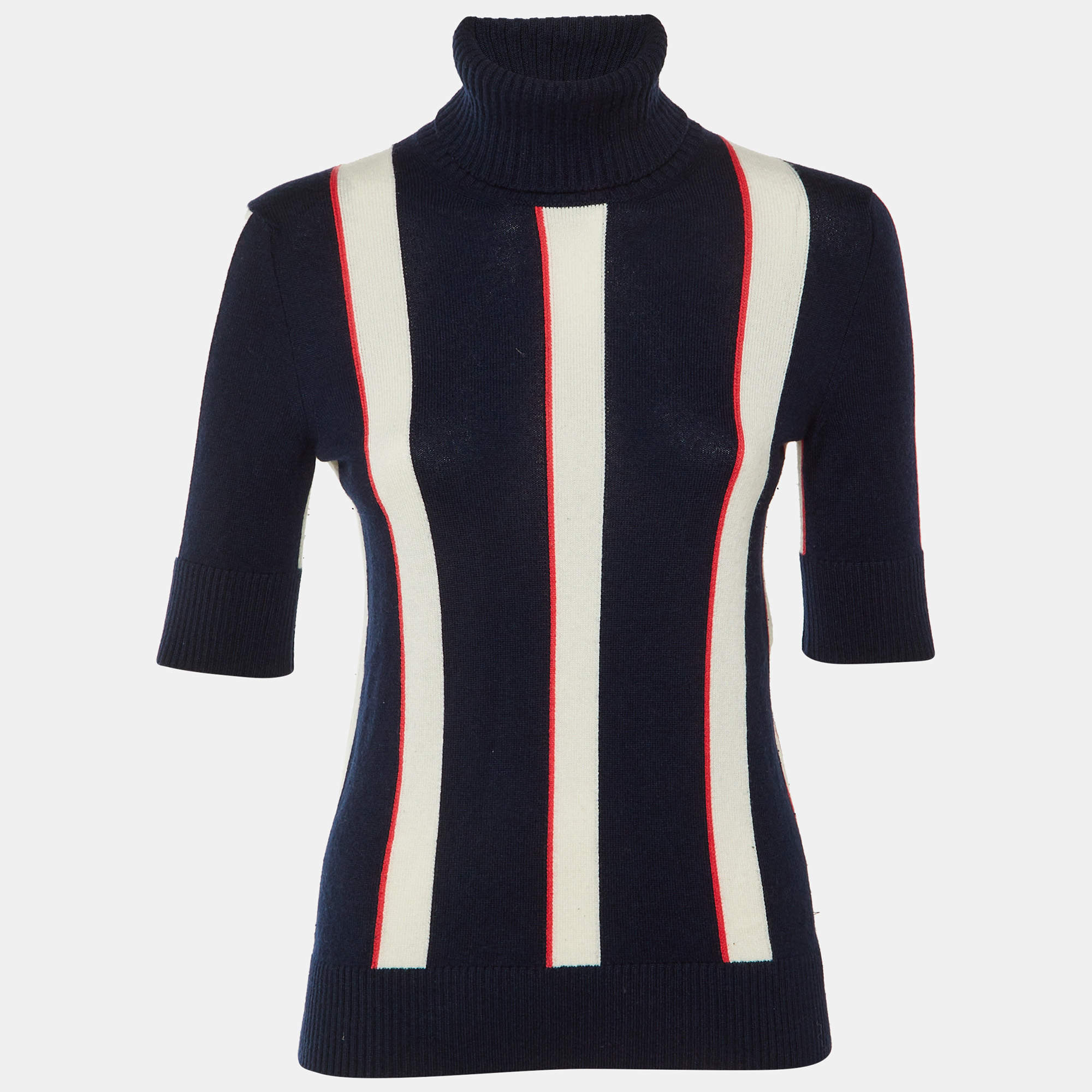 Pre Owned Chanel Navy Blue Striped Cashmere Turtle Neck Sweater S