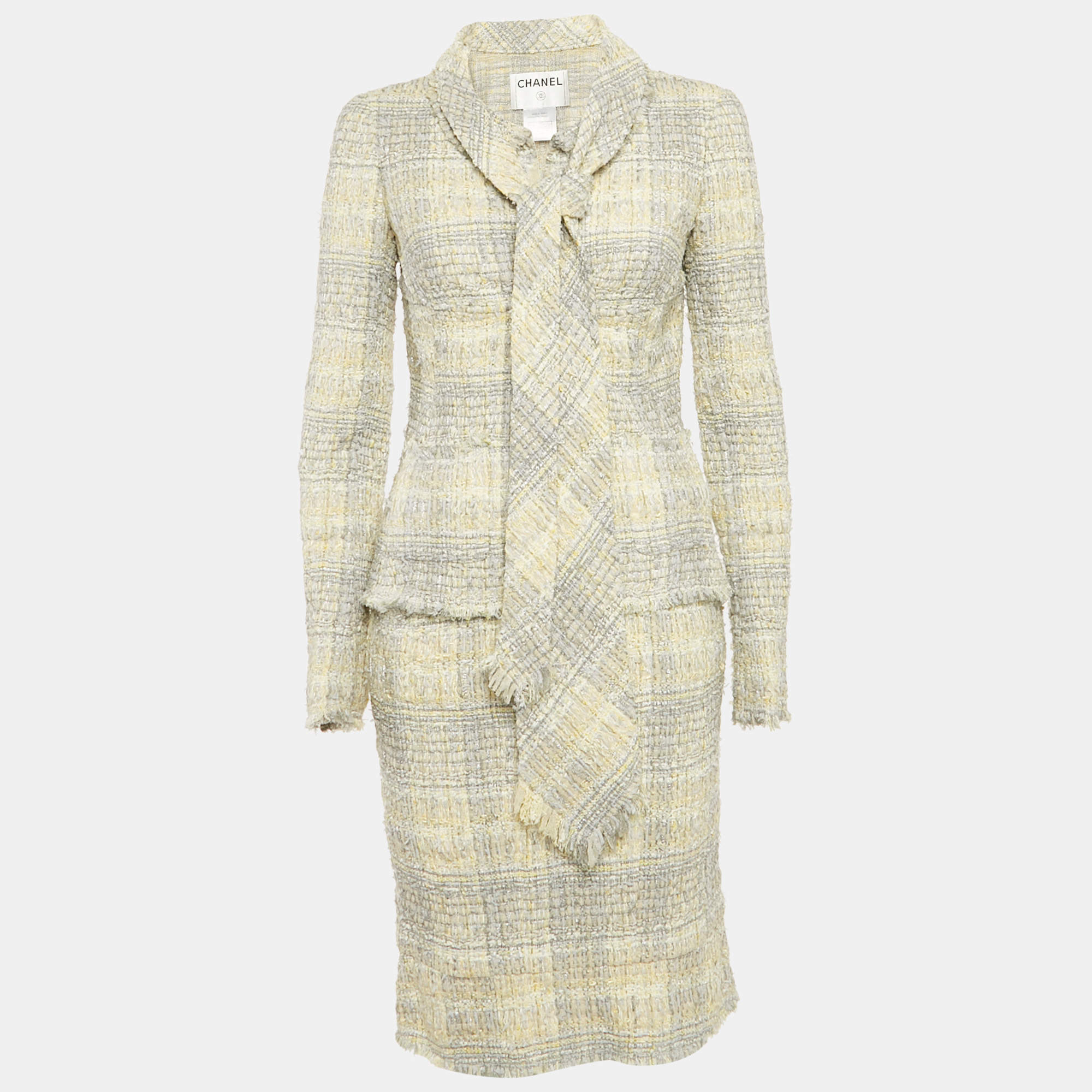 Pre Owned Chanel Yellow & Grey Tweed Blazer, Skirt & Tie Set M