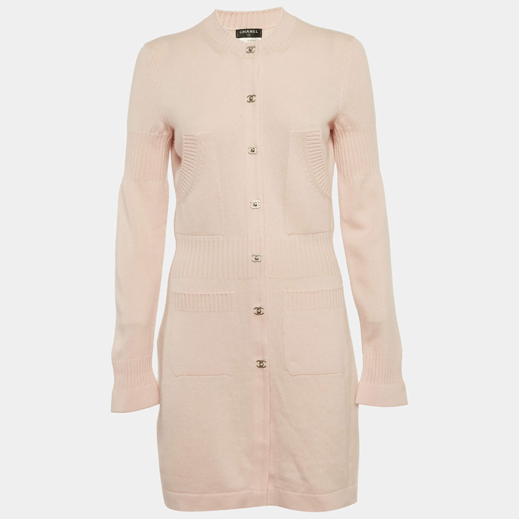 Pre Owned Chanel Pink Cashmere Knit CC Closure Detail Mini Dress M