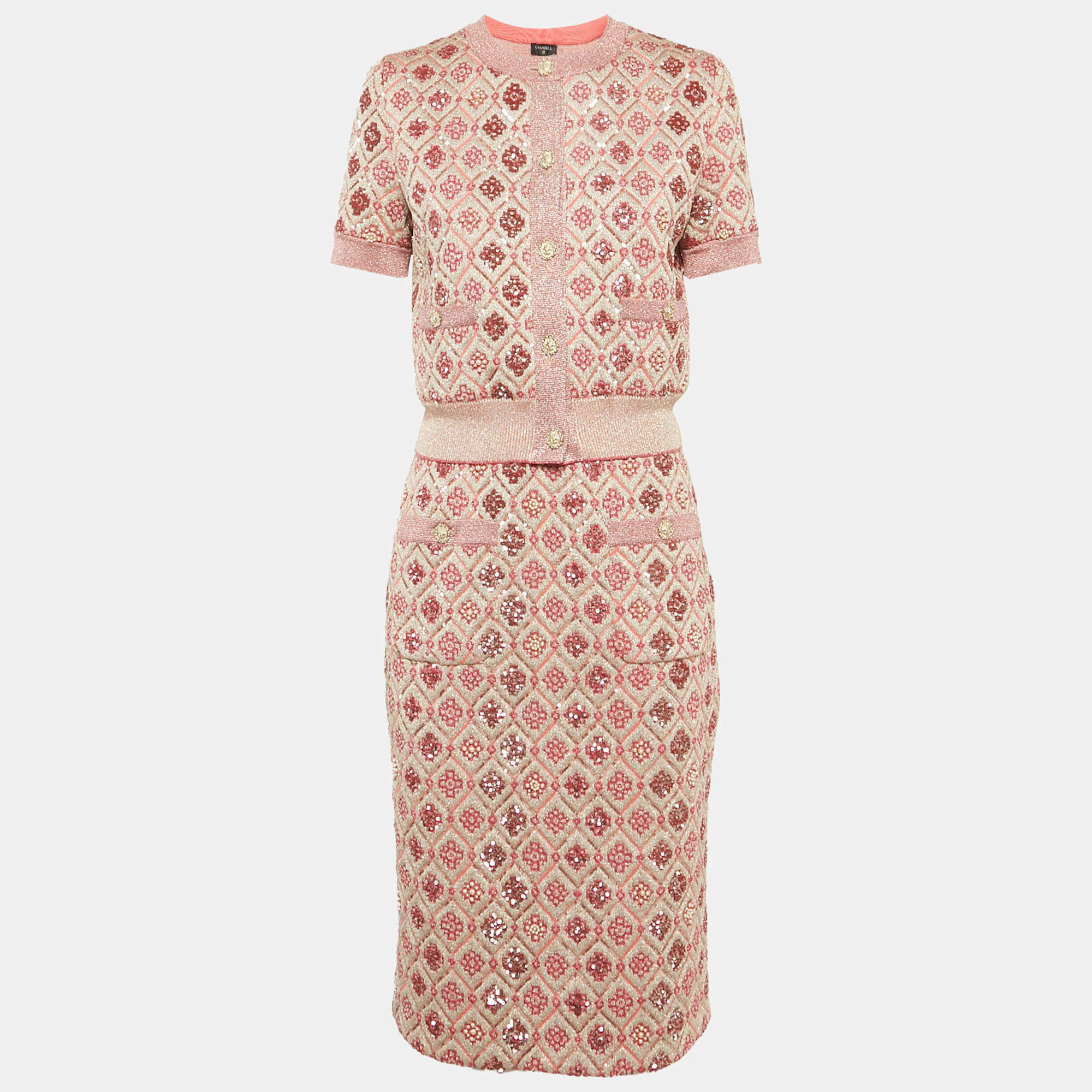 Pre Owned Chanel Pink Sequin Embellished Lurex Knit Skirt Set M