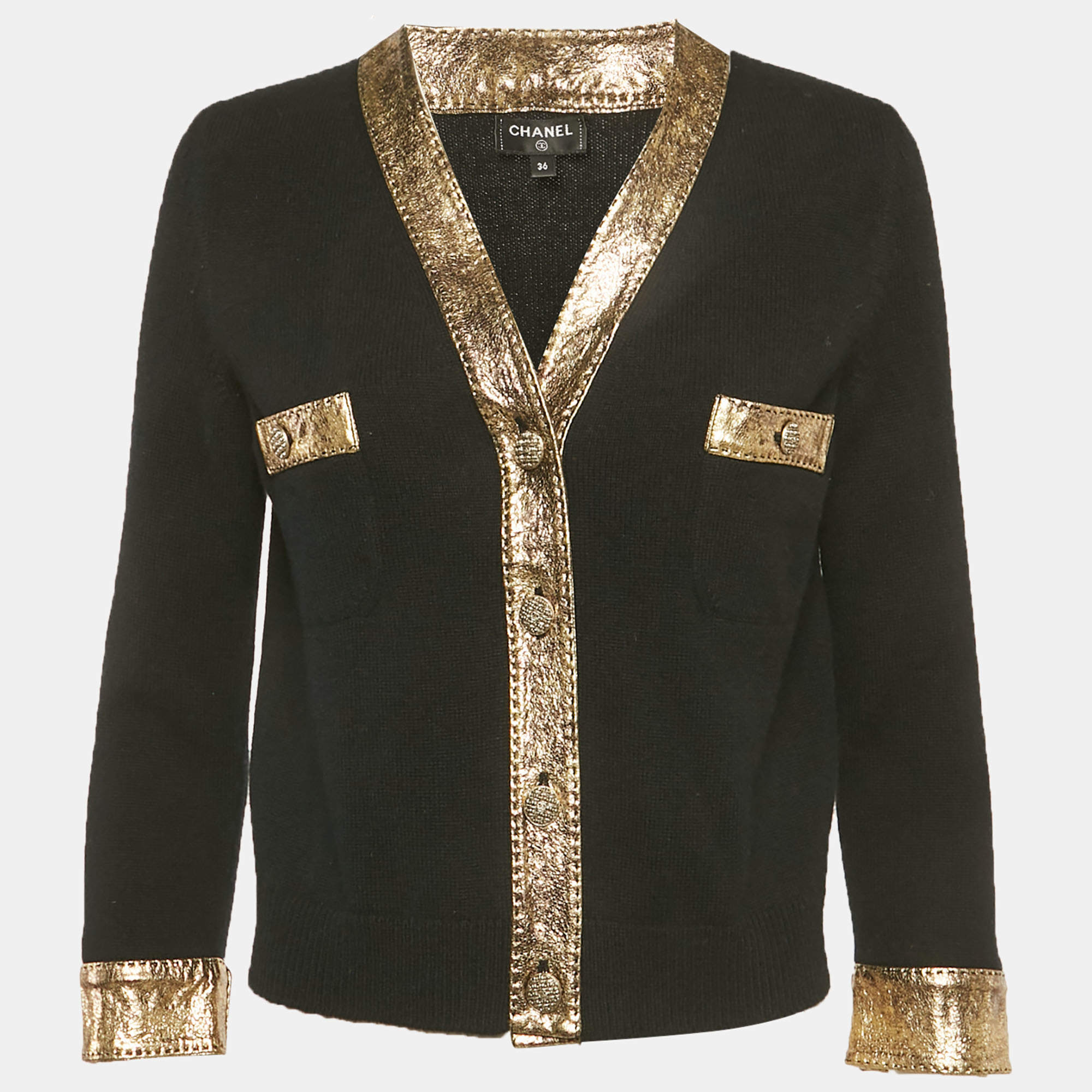 Pre Owned Chanel Black/Gold Metallic Coated Leather Cardigan S