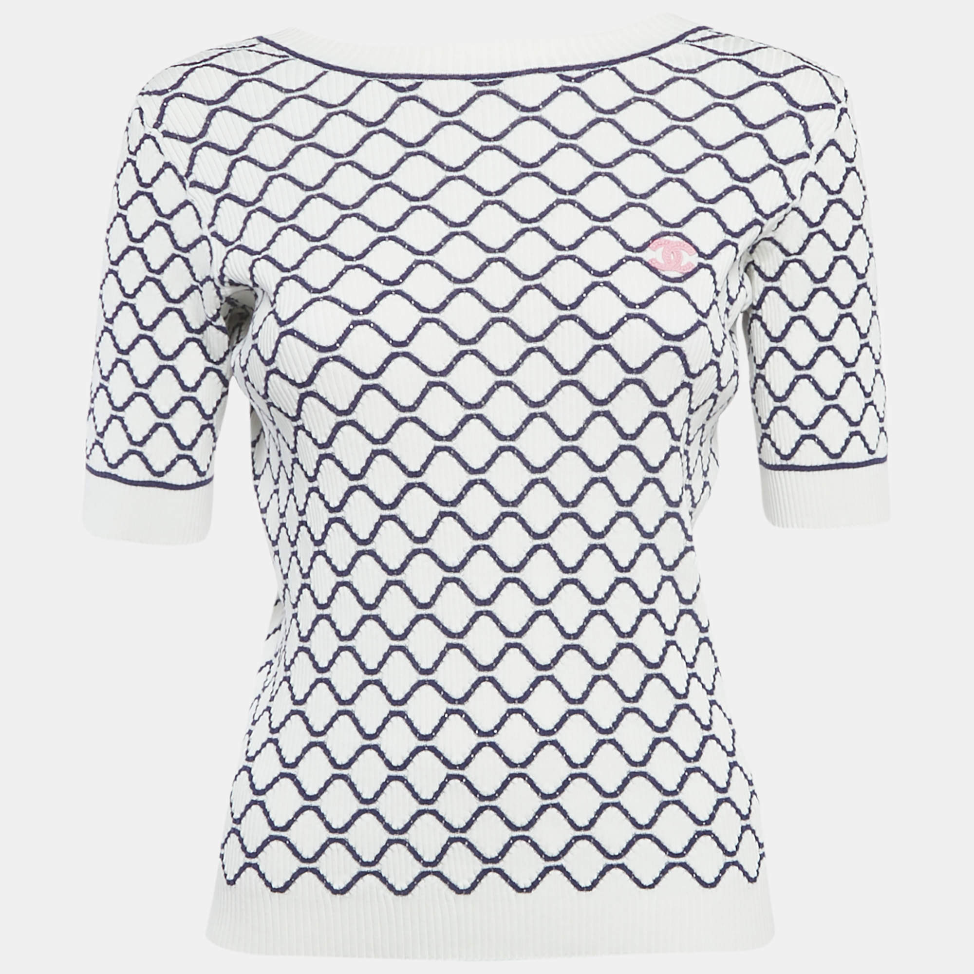 Pre Owned توب شانيل تريكو مضلع بنمط أبيض/أزرق بمقاس وسط مع تفاصيل CC