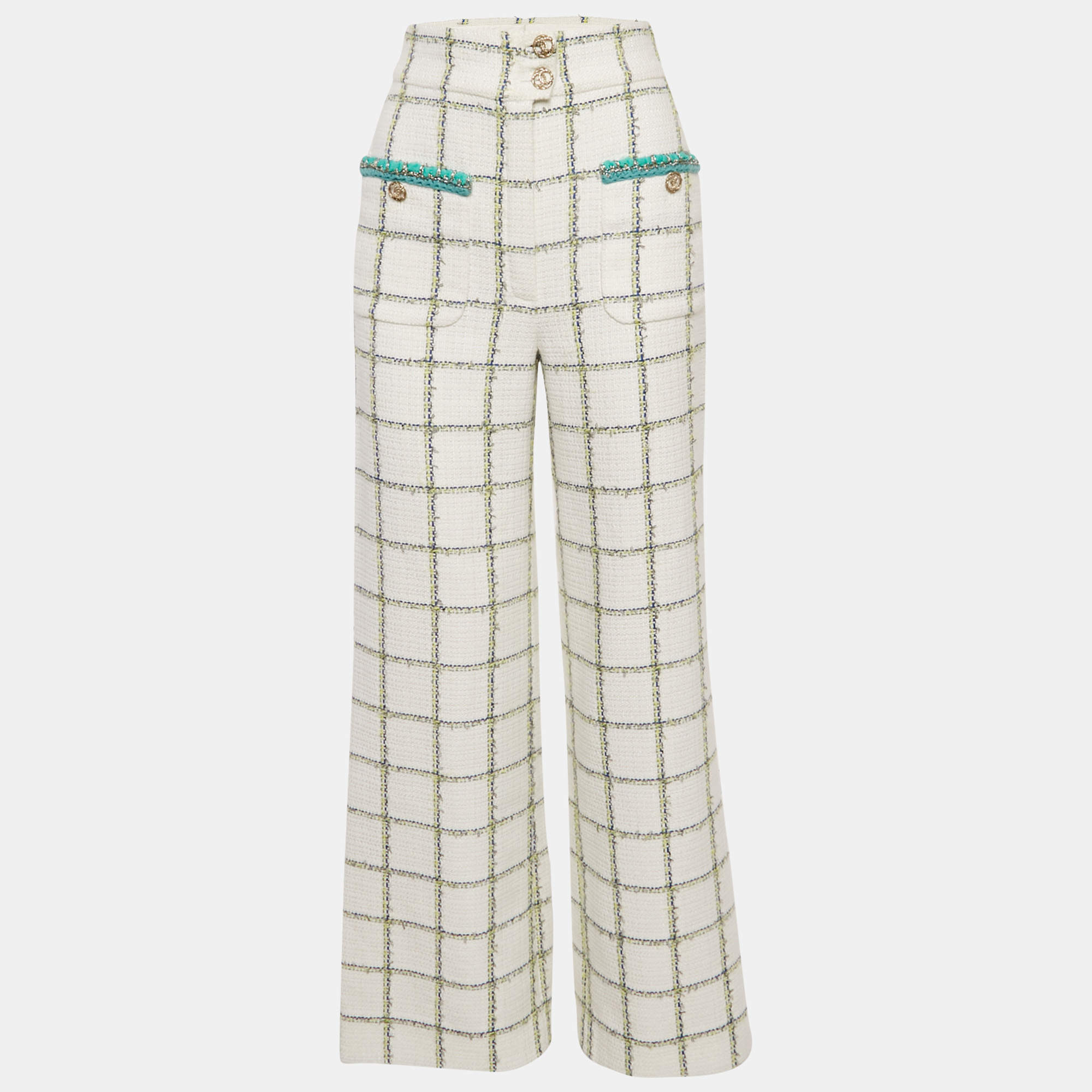 Pre Owned Chanel White Checkered Tweed Trousers M