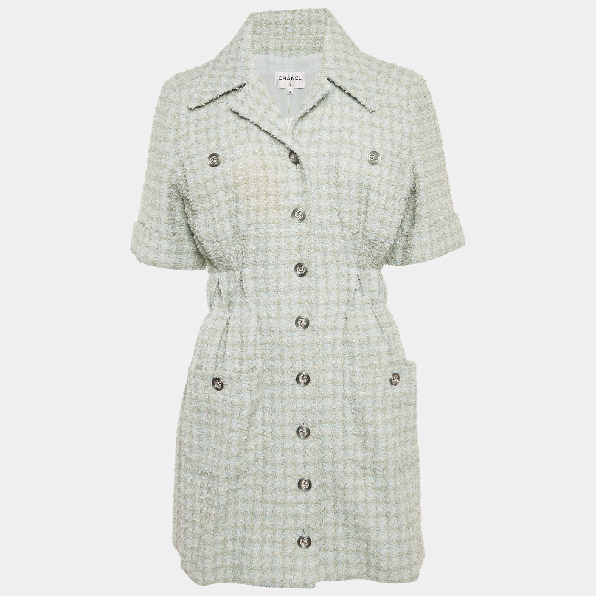 Pre Owned Chanel Blue Tweed Collared Mini Dress M