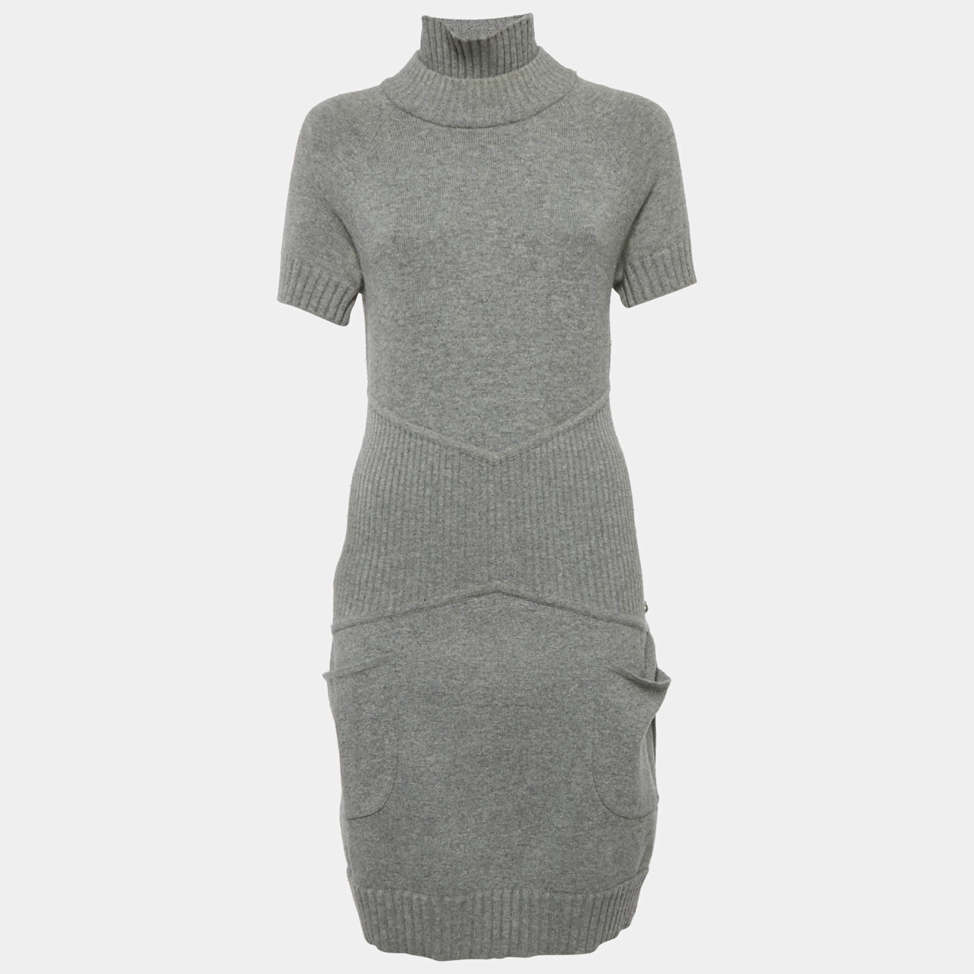 Pre Owned Chanel Grey Wool & Cashmere Midi Dress M
