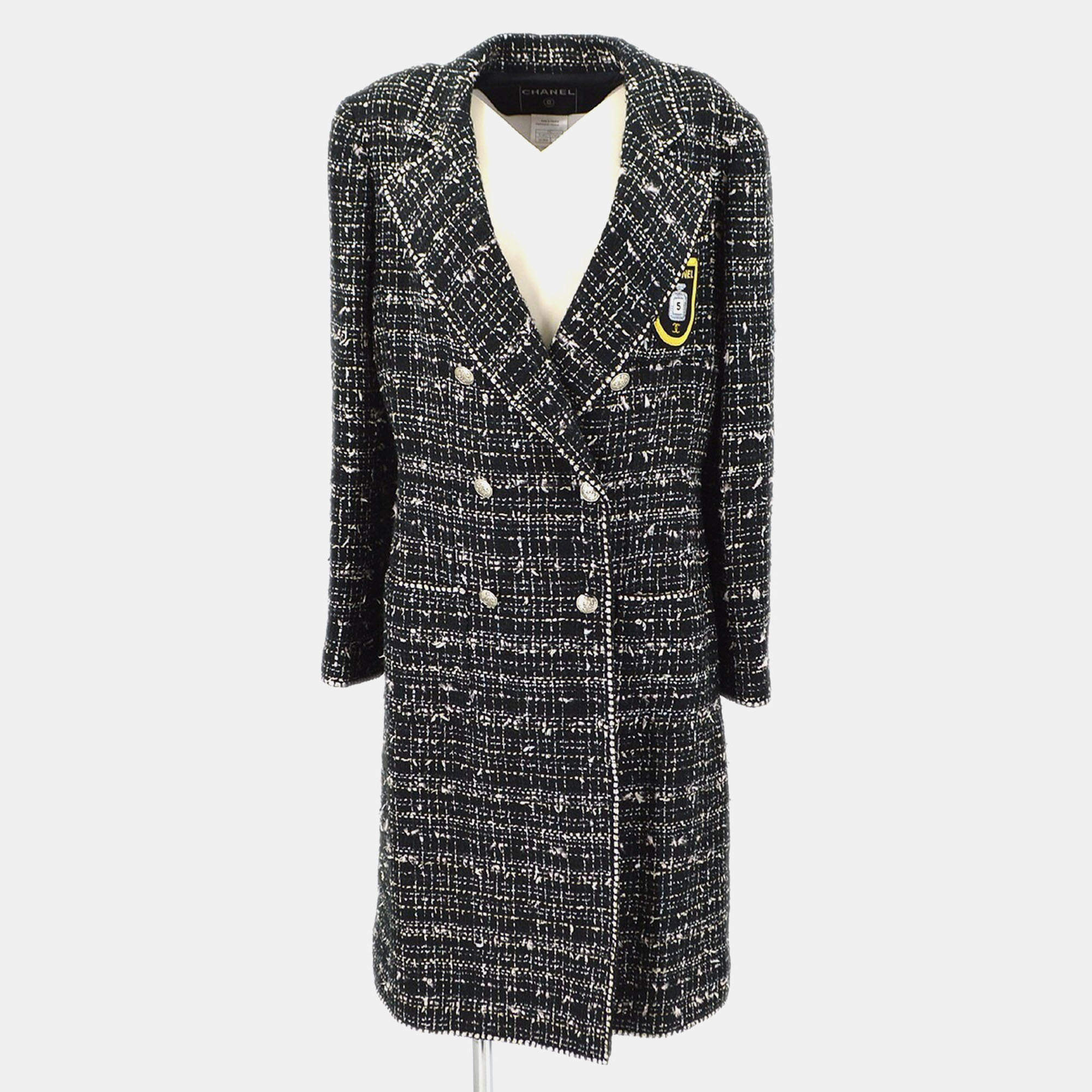 Pre Owned Chanel Emblem Coat Black Tweed FR 40