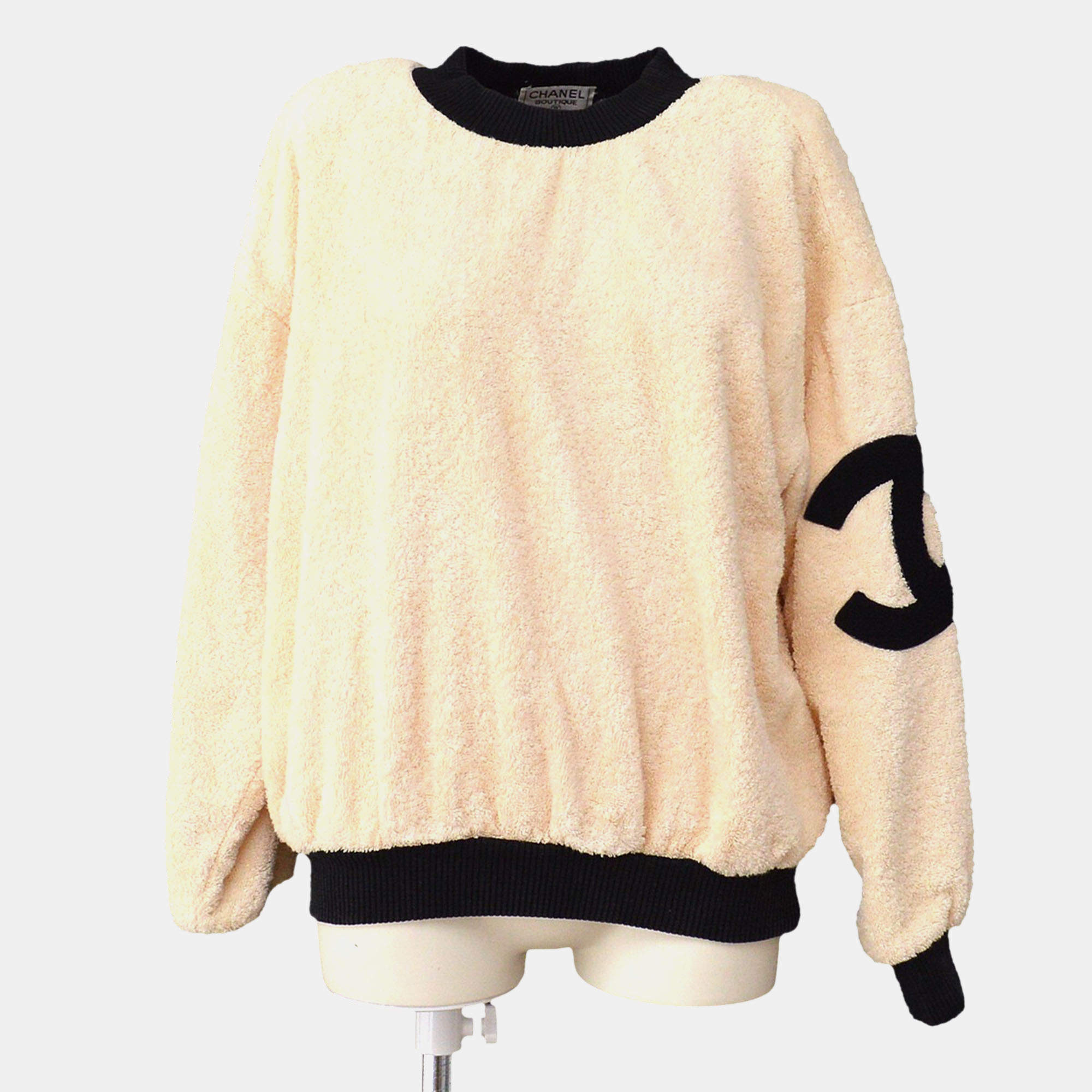 مملوكة مسبقًا Chanel Round Neck Long Sleeve Top Off-white Black