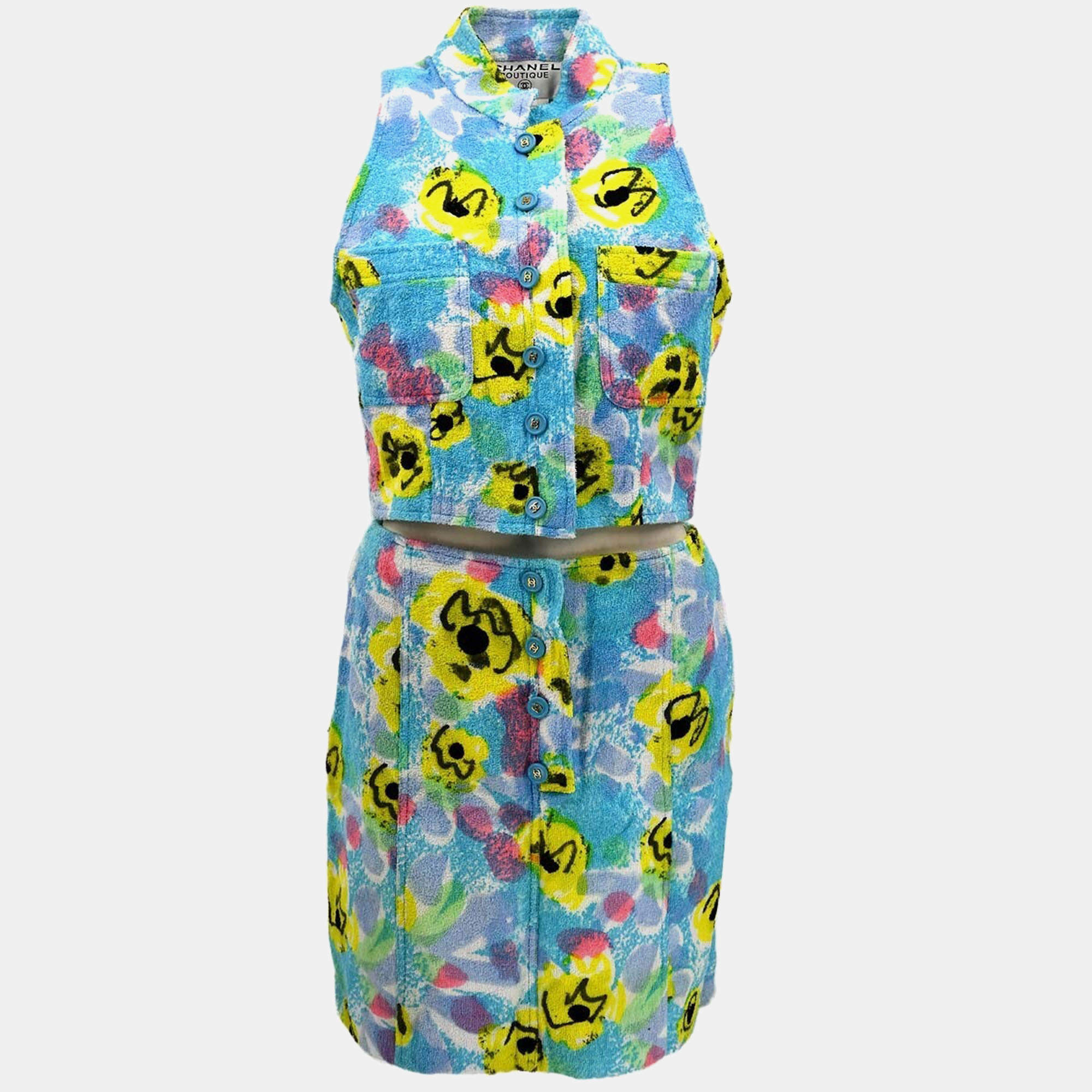 Pre Owned سترة بلا أكمام وتنورة جاكيت شانيل أزرق 97P مقاس 40