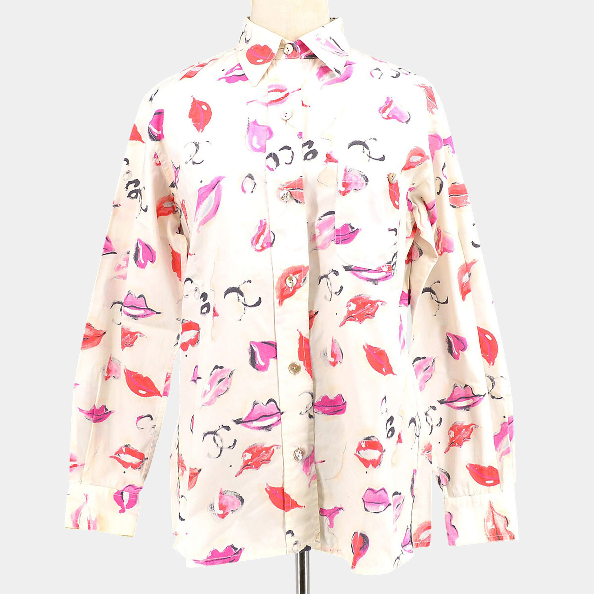 Pre Owned Chanel Lips Pattern Front Opening Long Sleeve Top Shirt White Cotton Size M
