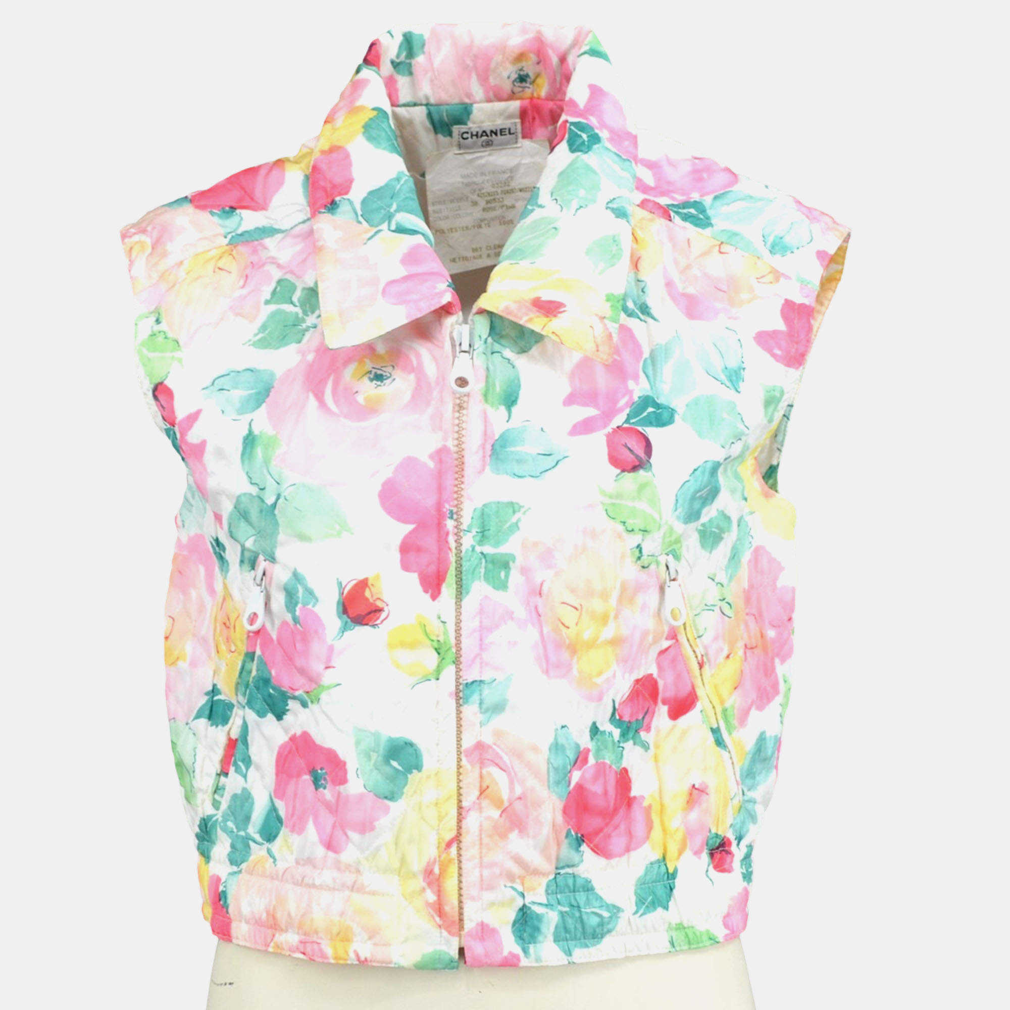 Pre Owned Chanel 03272 #38 Flower Pattern Sleeveless Zip Up Shirt Top White Pink