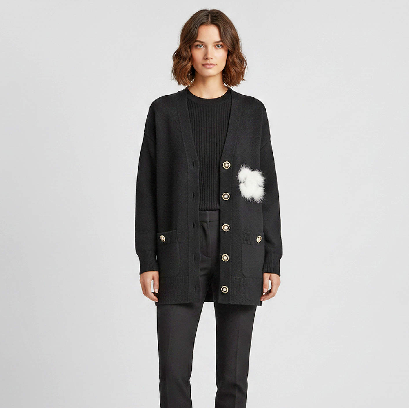 Pre Owned Chanel Black CC Feather Trim Cashmere Cardigan S