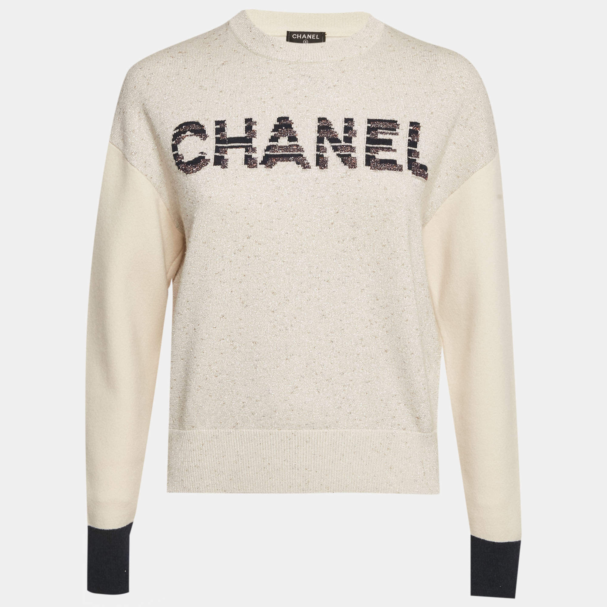 مملوكة مسبقًا Chanel Beige Logo Intarsia Lurex Knit Sweatshirt S