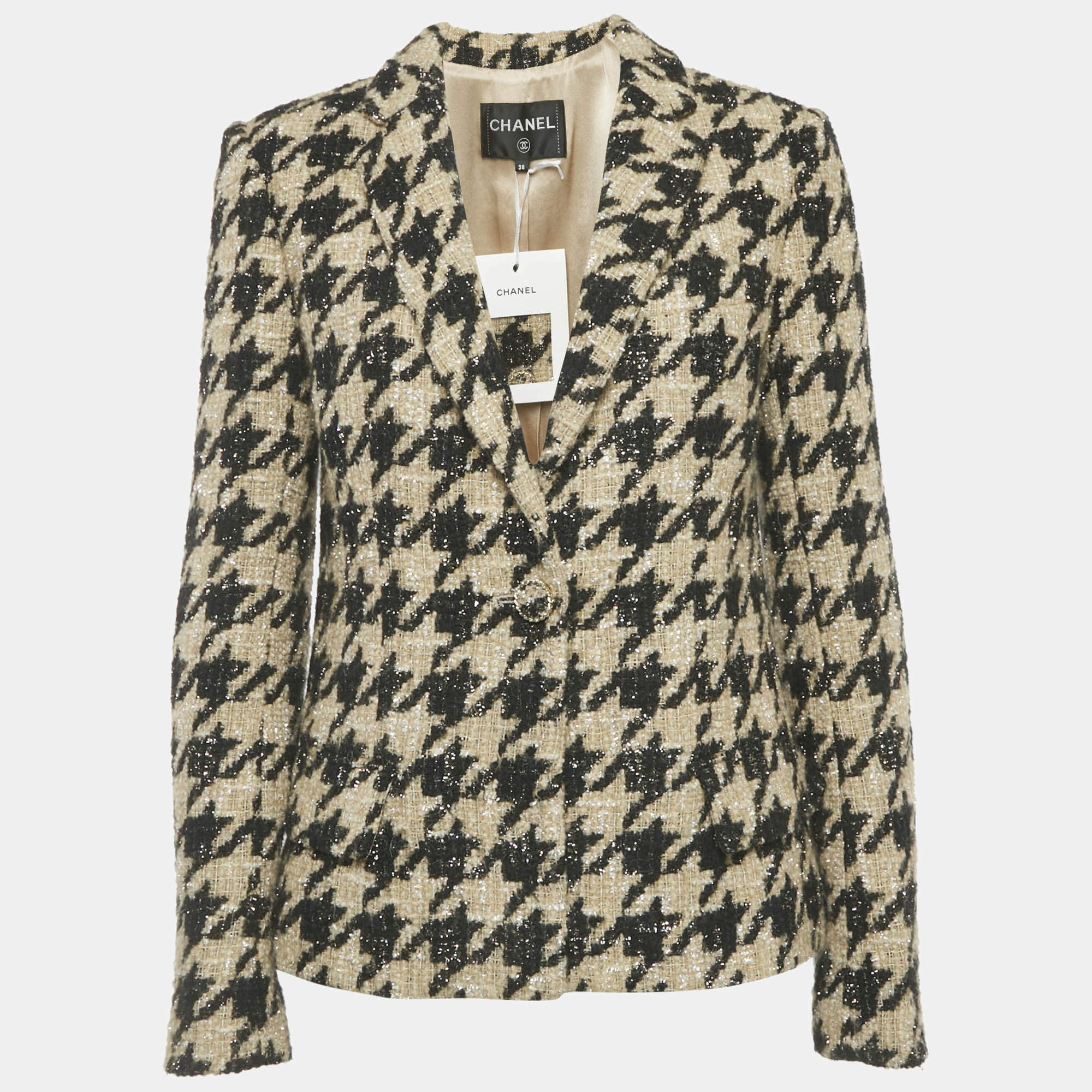 Pre Owned Chanel Beige/Black Lurex Houndstooth Jacket M