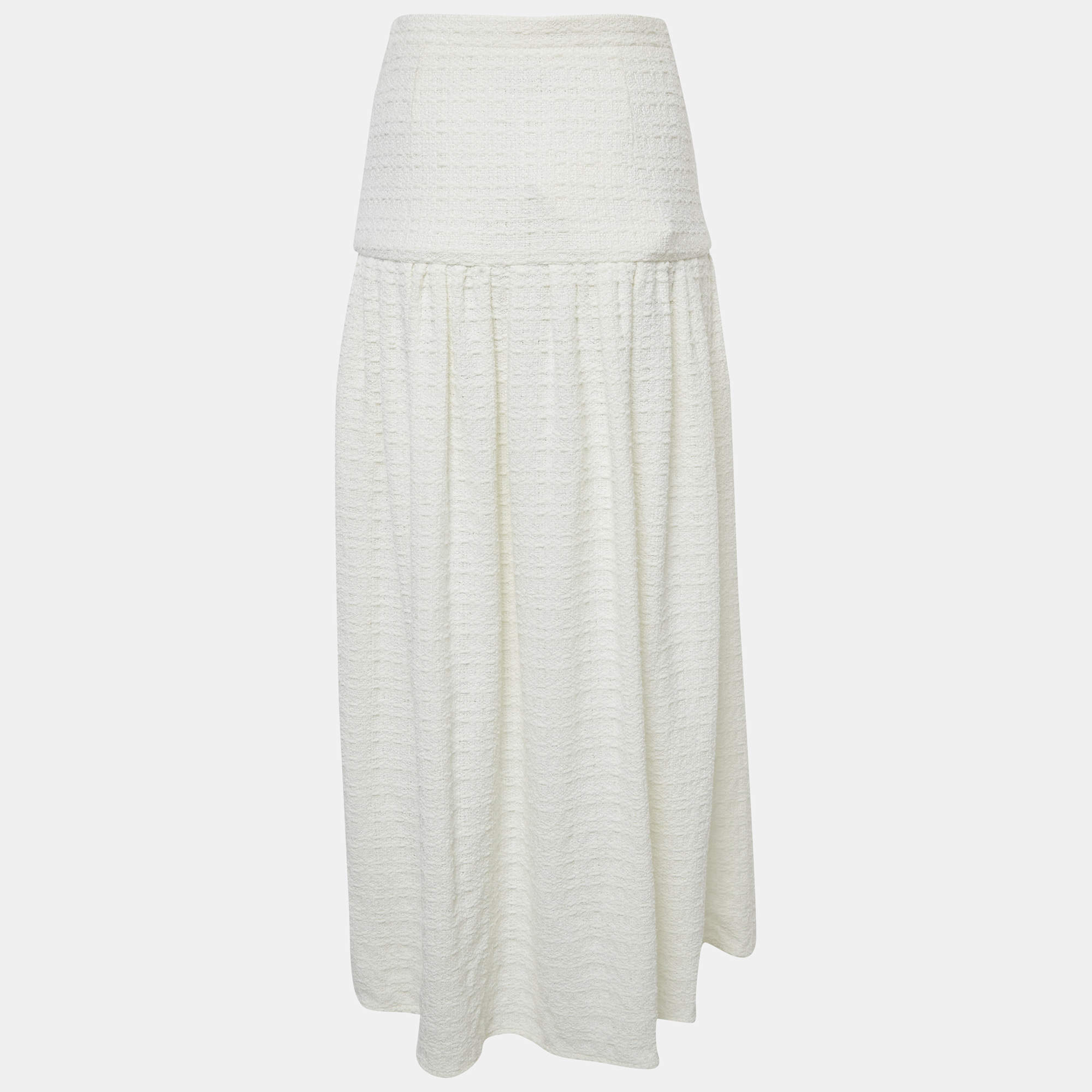 Pre Owned Chanel White Tweed Button Detail Maxi Skirt M