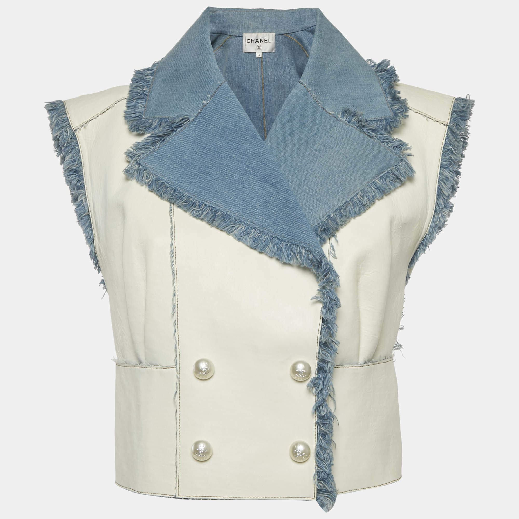 مملوكة مسبقًا Chanel White/Blue Leather and Denim Double Breasted Vest M