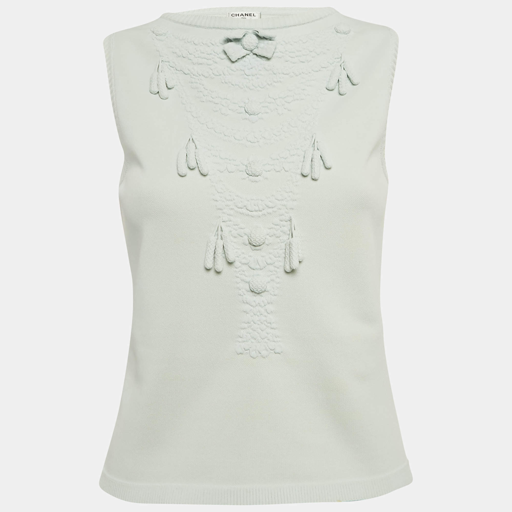 Pre Owned Chanel Blue Stretch Knit Tassel Detail Sleeveless Top M