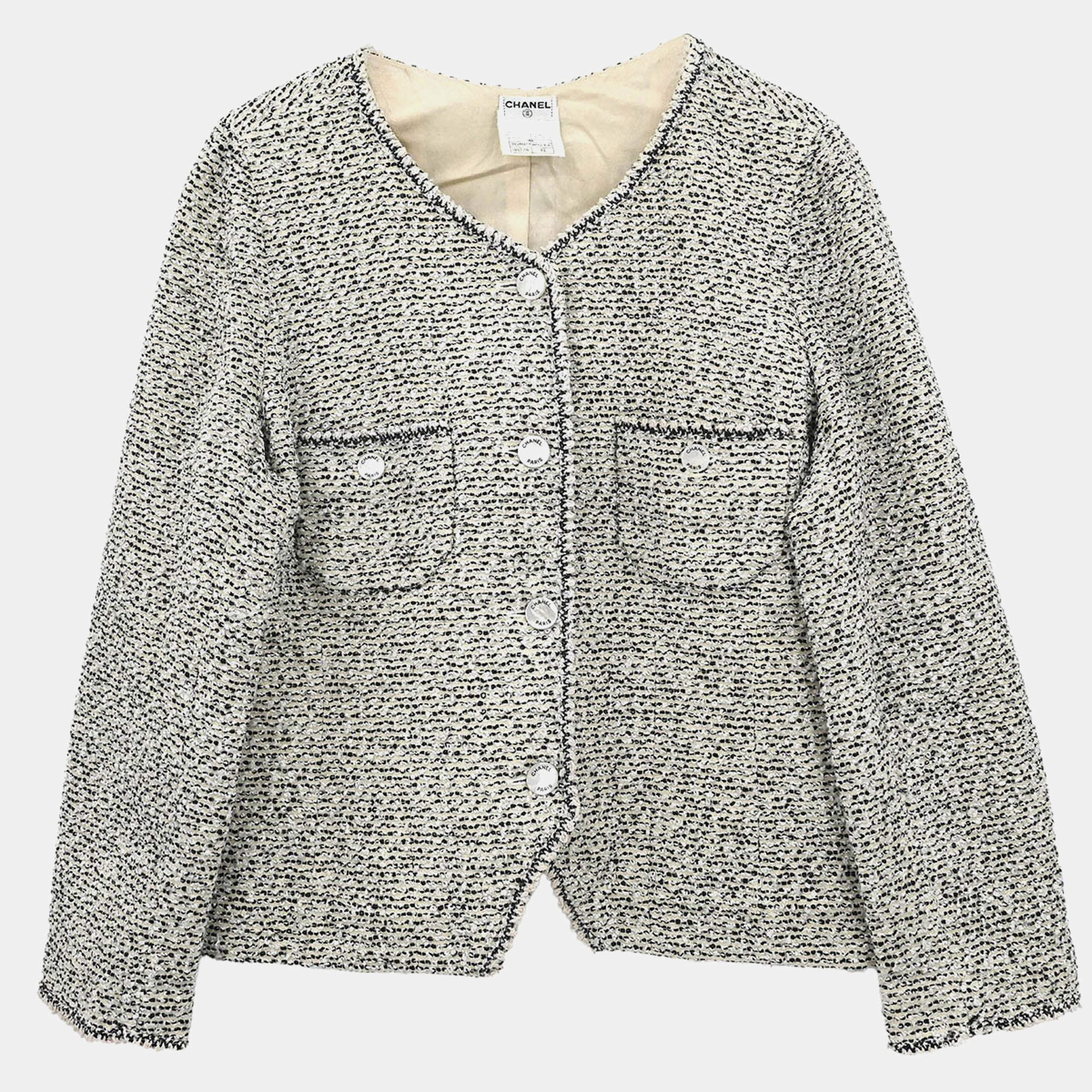 Pre Owned Chanel Single Breasted Collarless Jacket Gray 96A #42