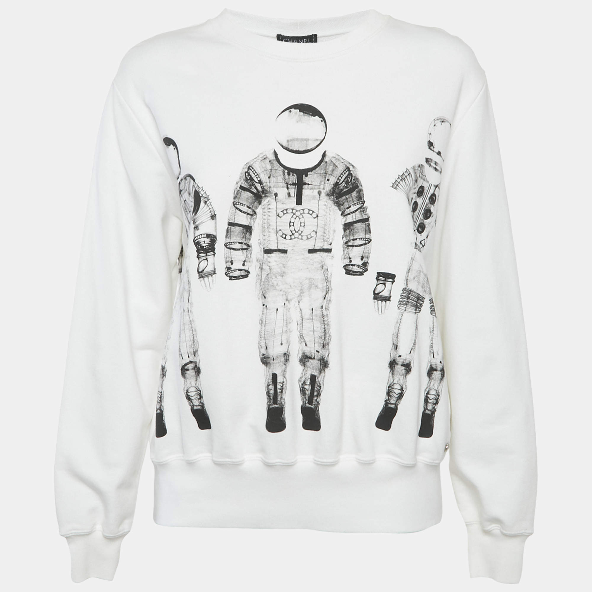 Pre Owned سويت شيرت قطن مطبوع أبيض شانيل مقاس متوسط - ميديم