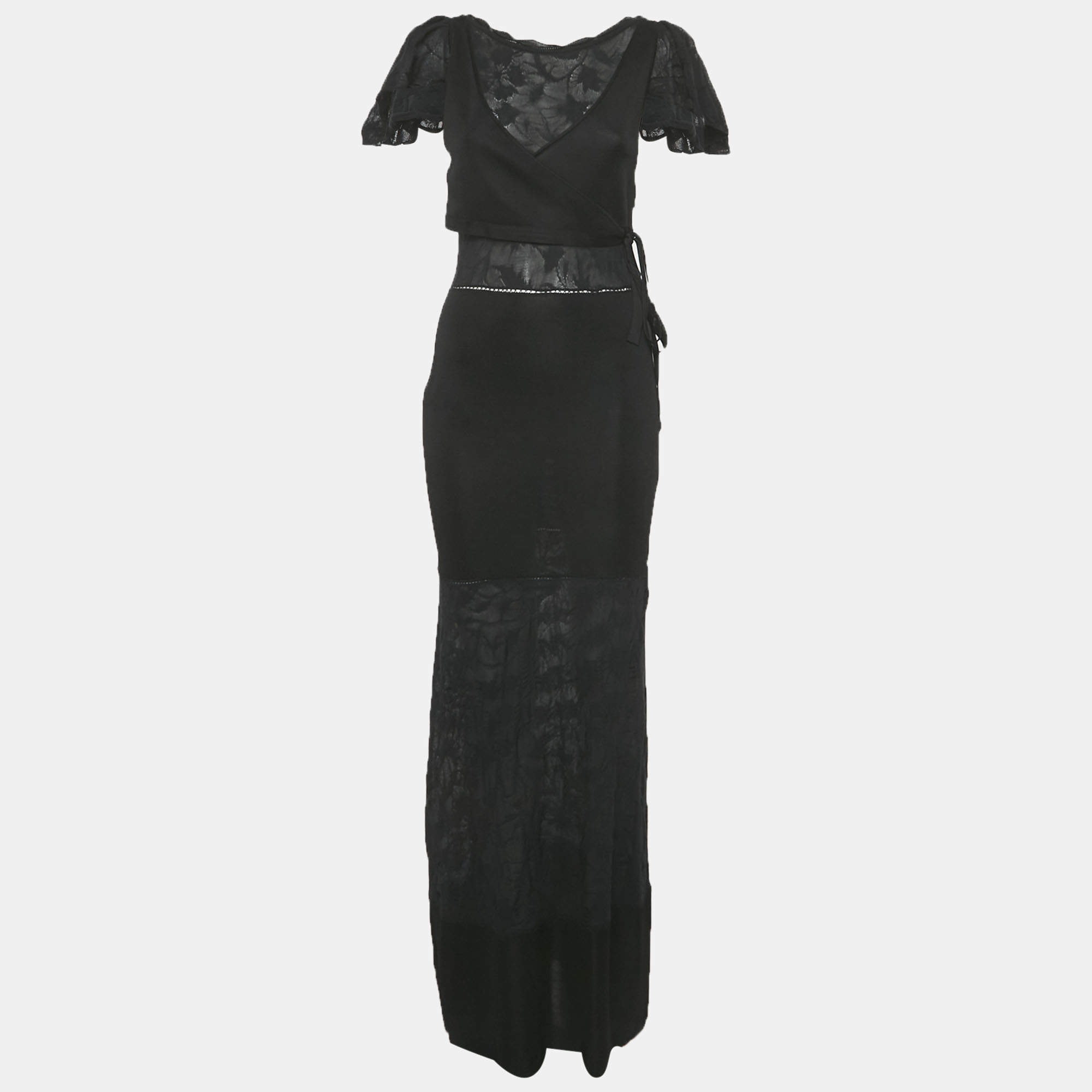 مملوكة مسبقًا Chanel Black Jersey & Lace Detail Maxi Dress S