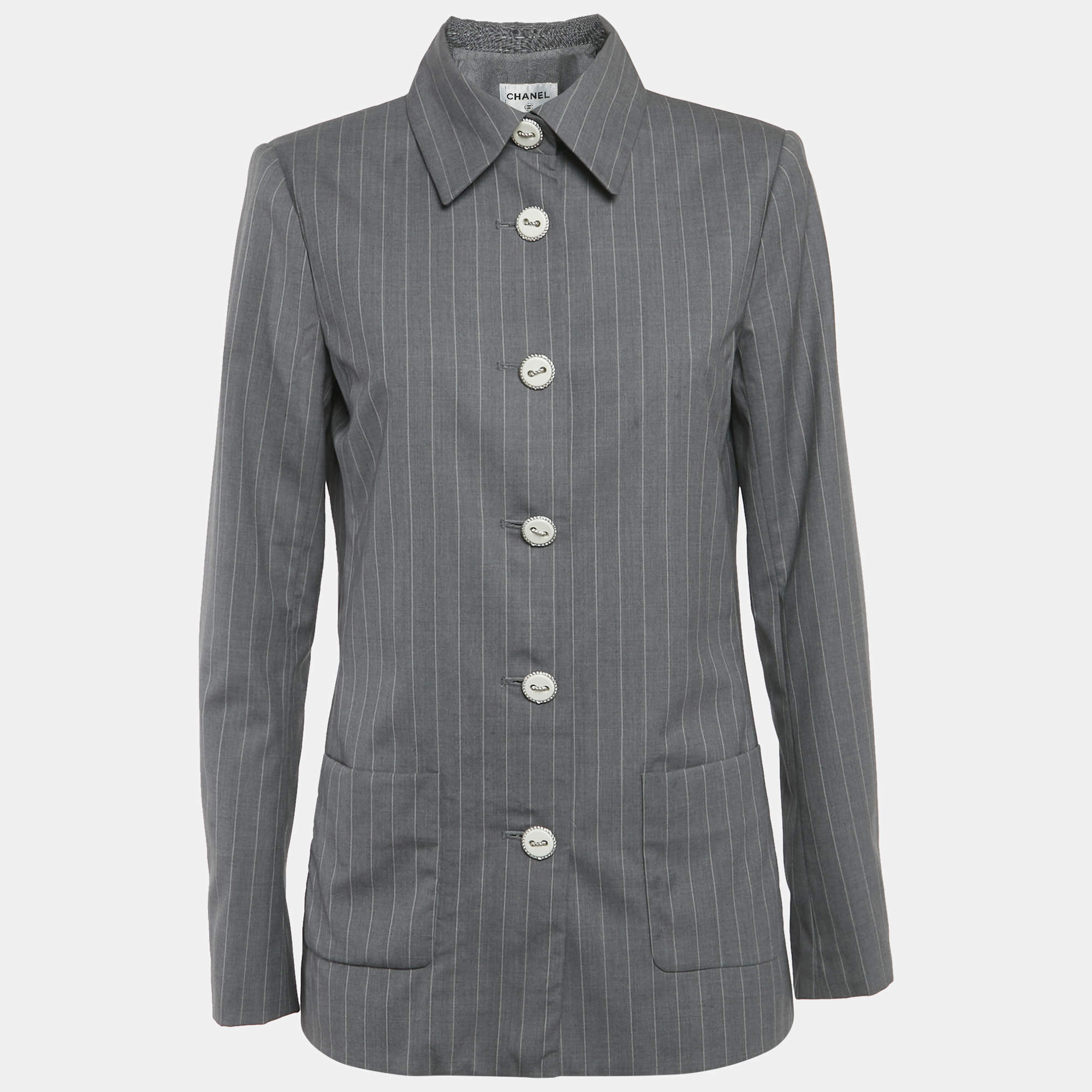 Pre Owned Chanel Grey Striped Wool Jacket M