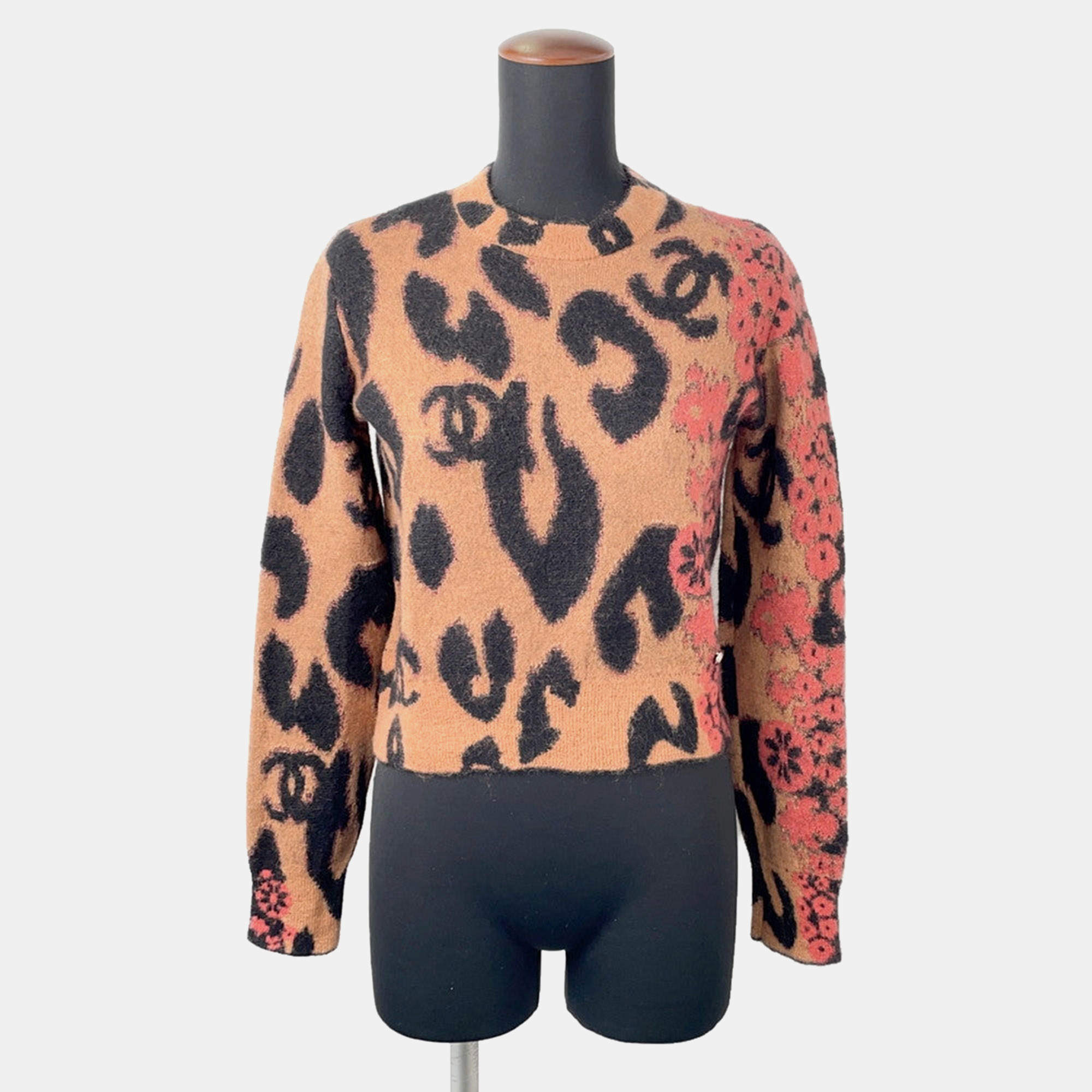 Pre Owned Chanel Leopard Knit Sweater Size 36 Brown/Black/Pink 