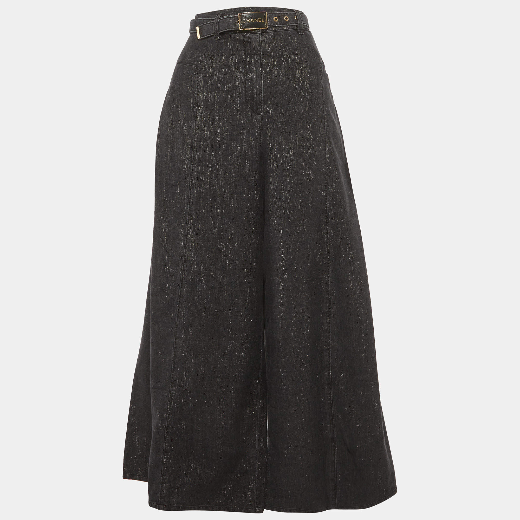 مملوكة مسبقًا Chanel Black Denim Wide Leg Jeans XL/Waist 34"