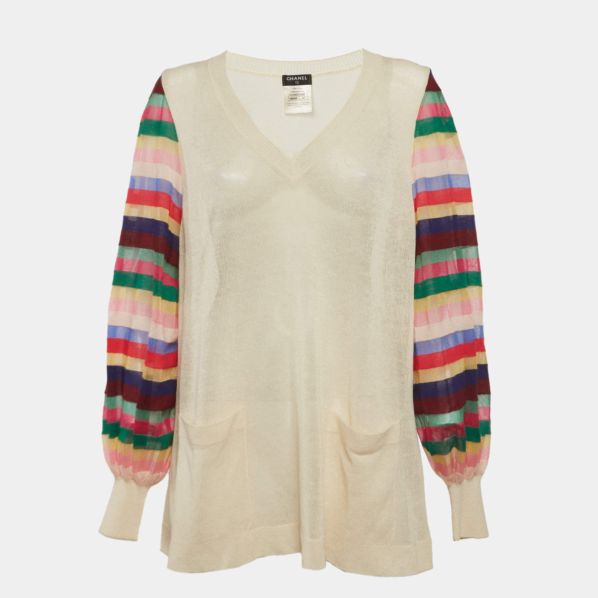 مملوكة مسبقًا Chanel Beige Silk Knit V-Neck Sweatshirt L
