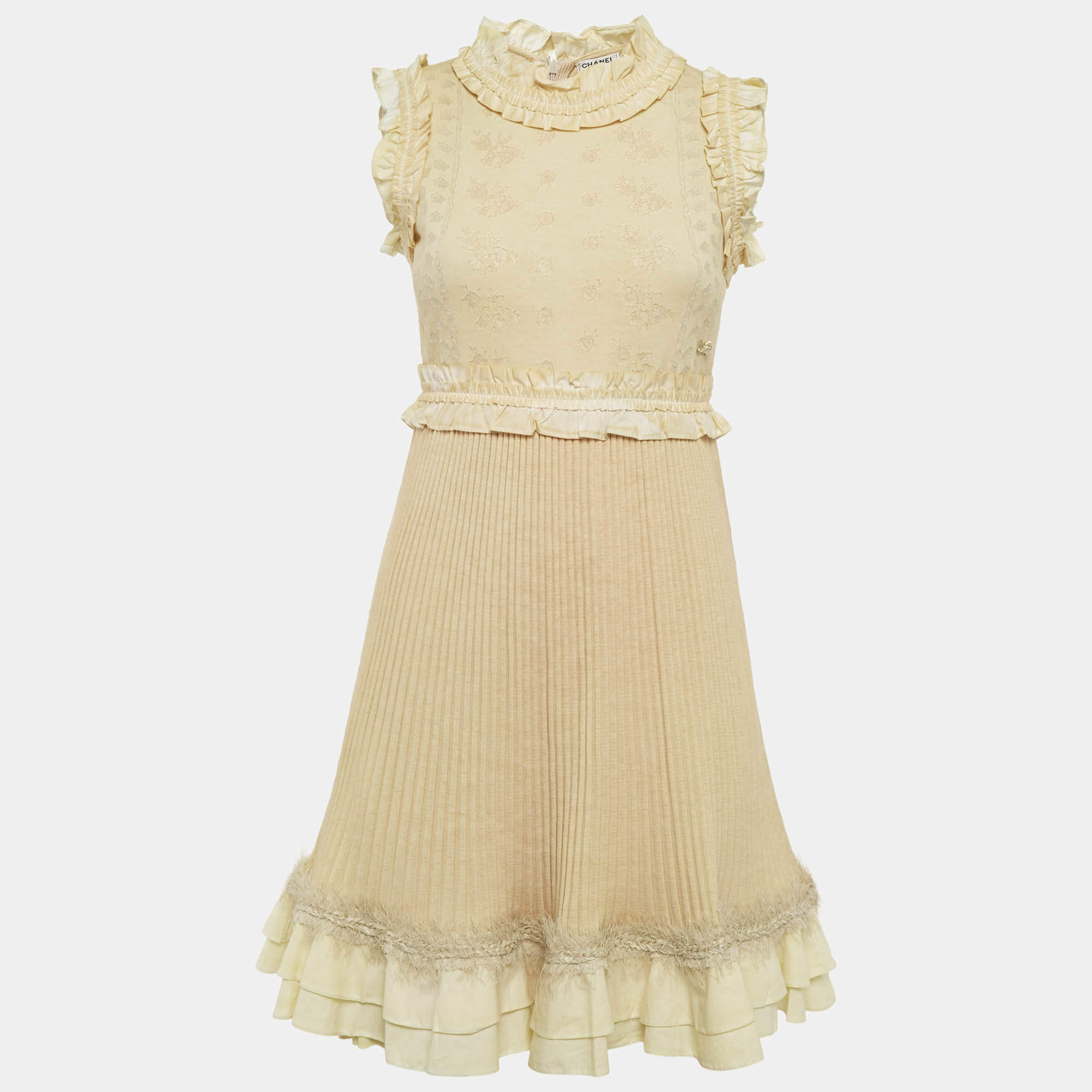 Pre Owned Chanel Beige Rib Knit Fringed Trim Mini Dress S