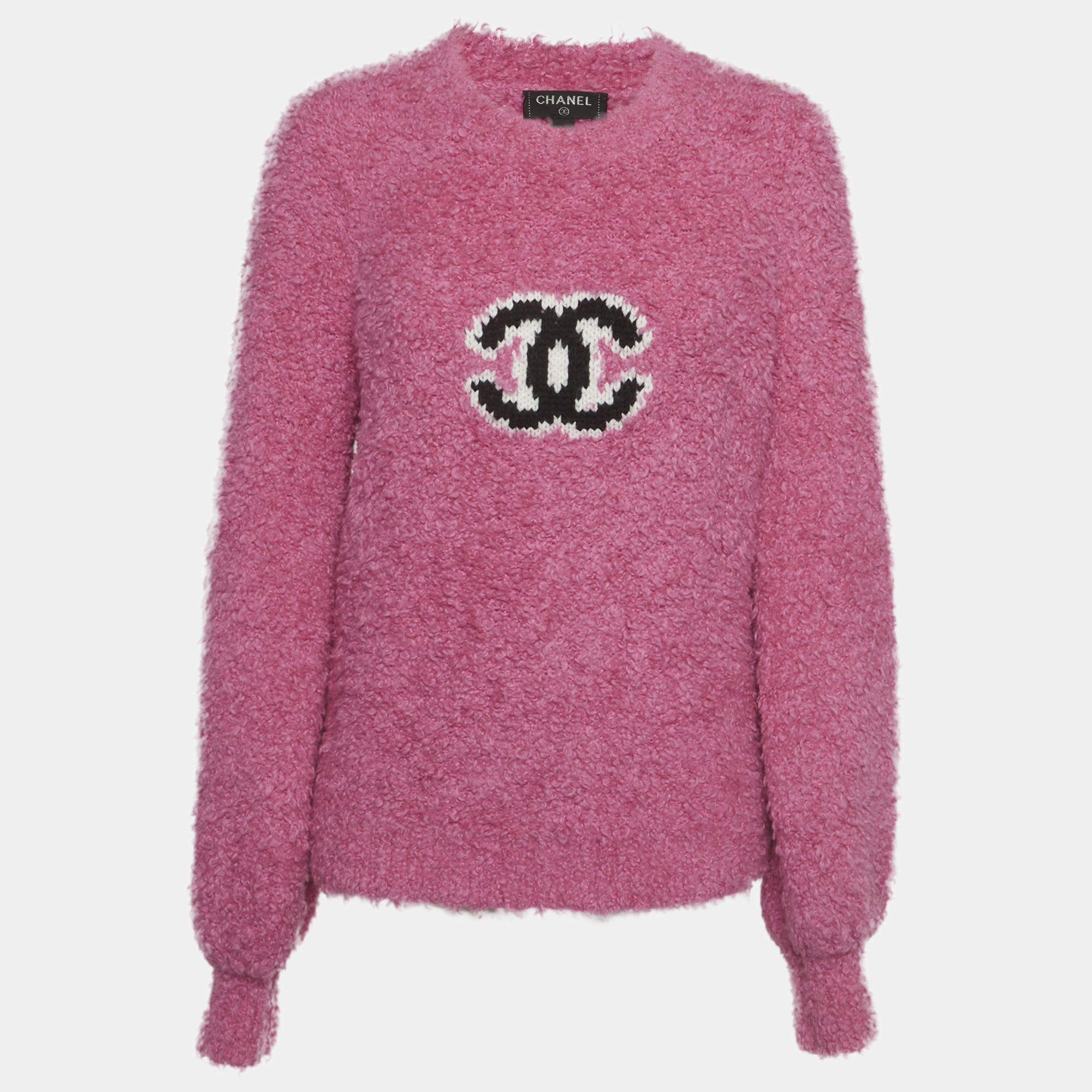 Pre Owned Chanel Pink CC Intarsia Boucle Sweatshirt M