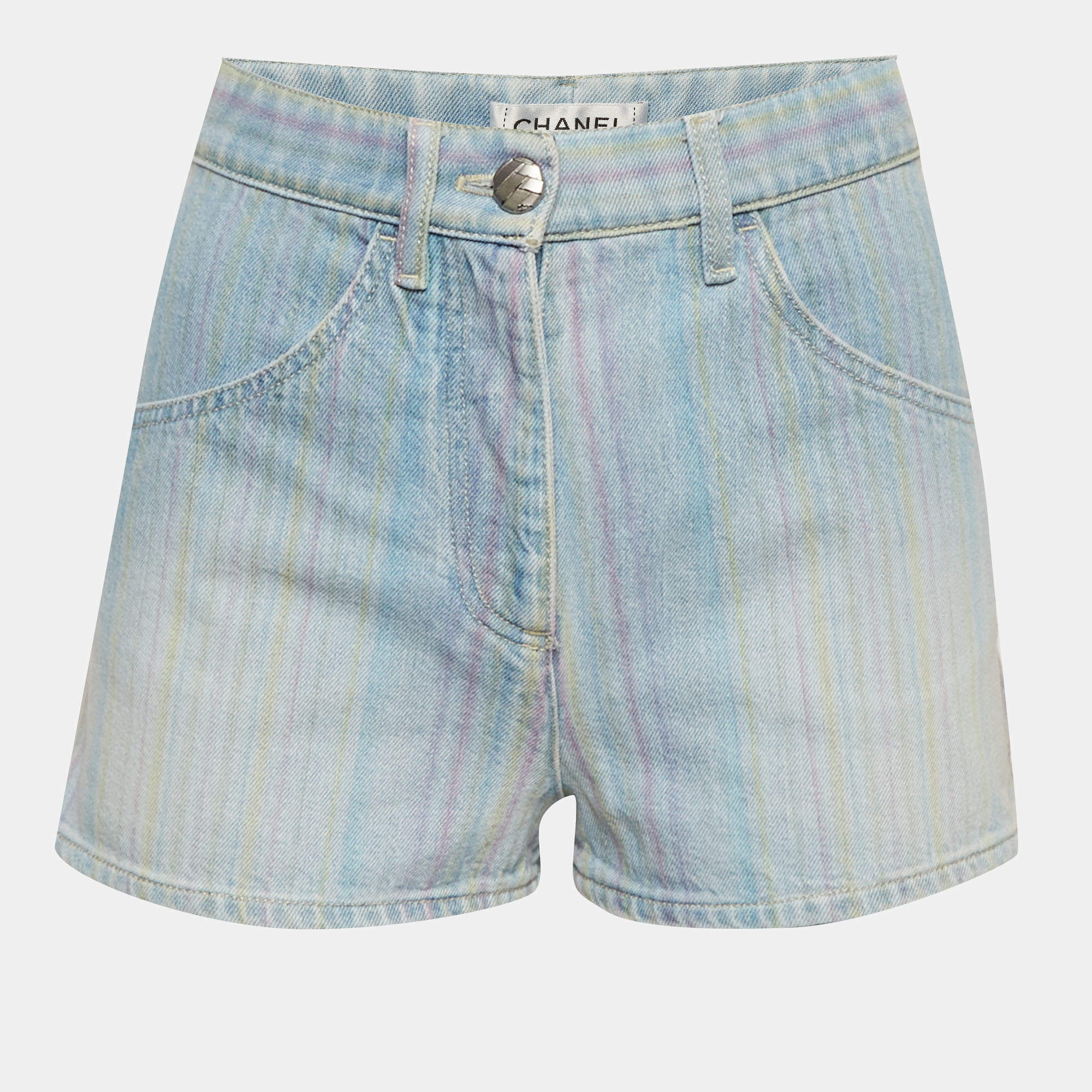 Pre Owned Chanel Blue Striped Denim Shorts S/ Waist 26"
