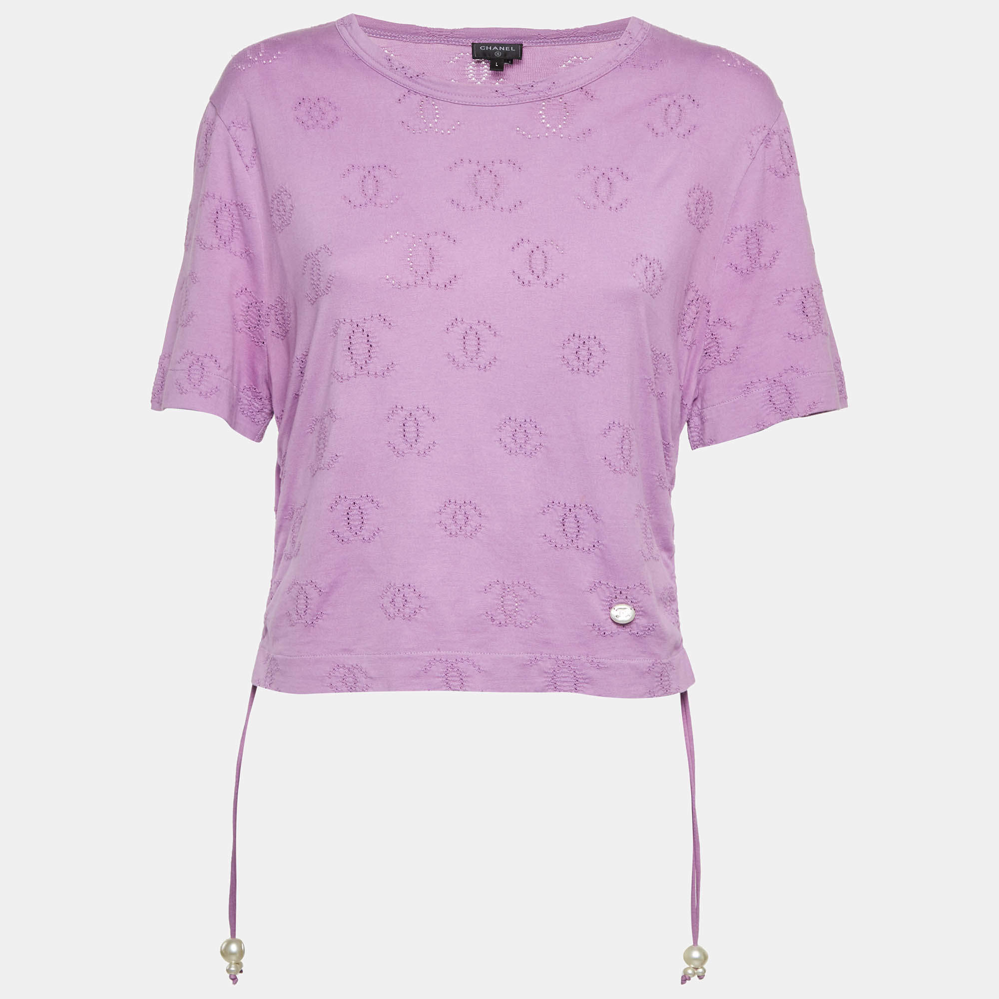 Pre Owned Chanel Purple CC Intarsia Jersey Pearl Detail T-Shirt L