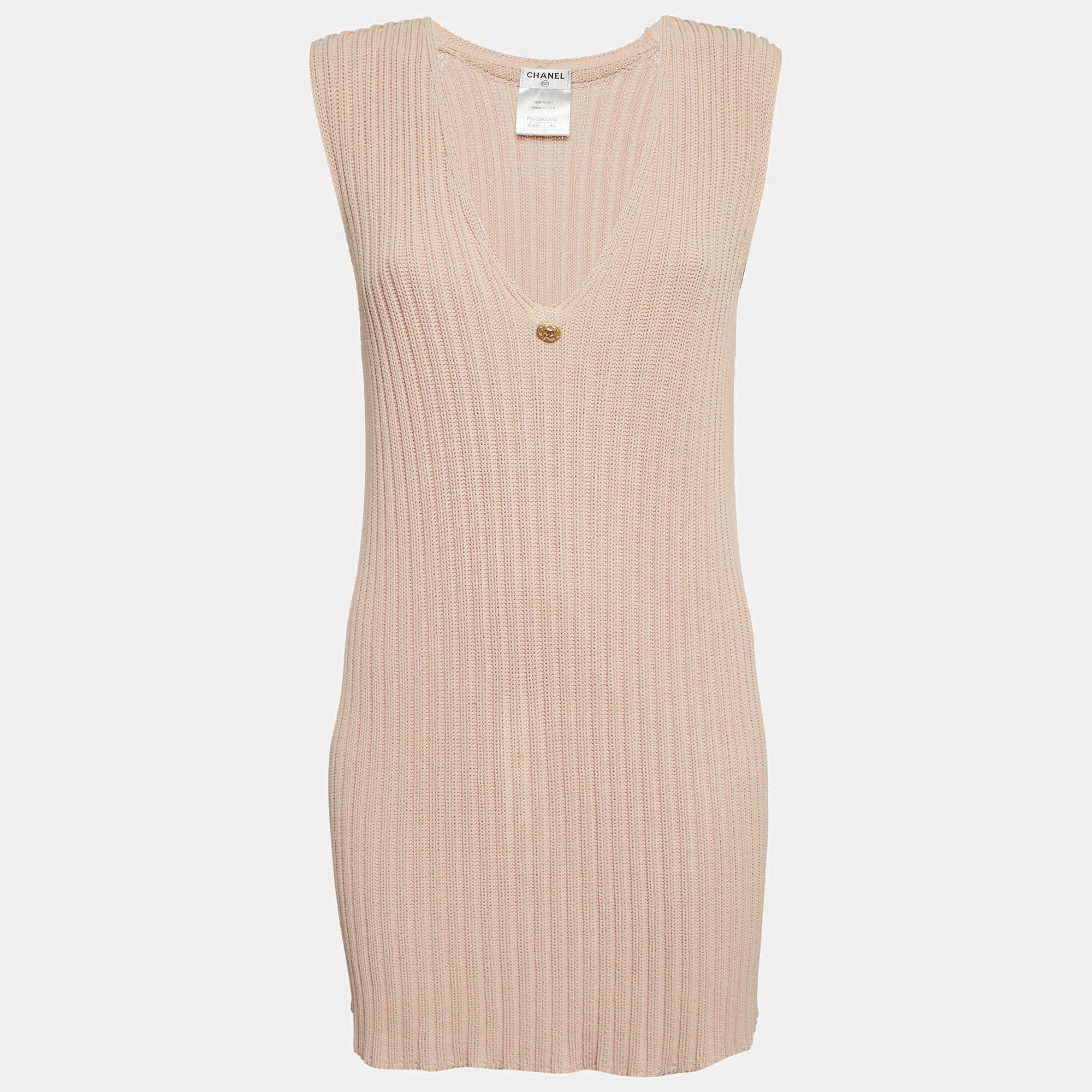 مملوكة مسبقًا Chanel Beige Rib Knit Long Vest L