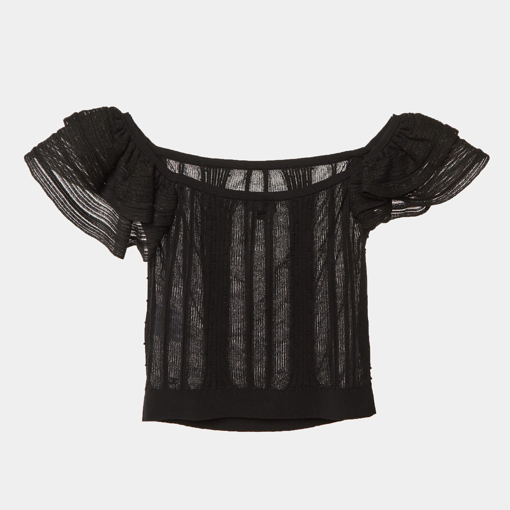 Pre Owned Chanel Black Cotton Knit Ruffle Off Shoulder Top S