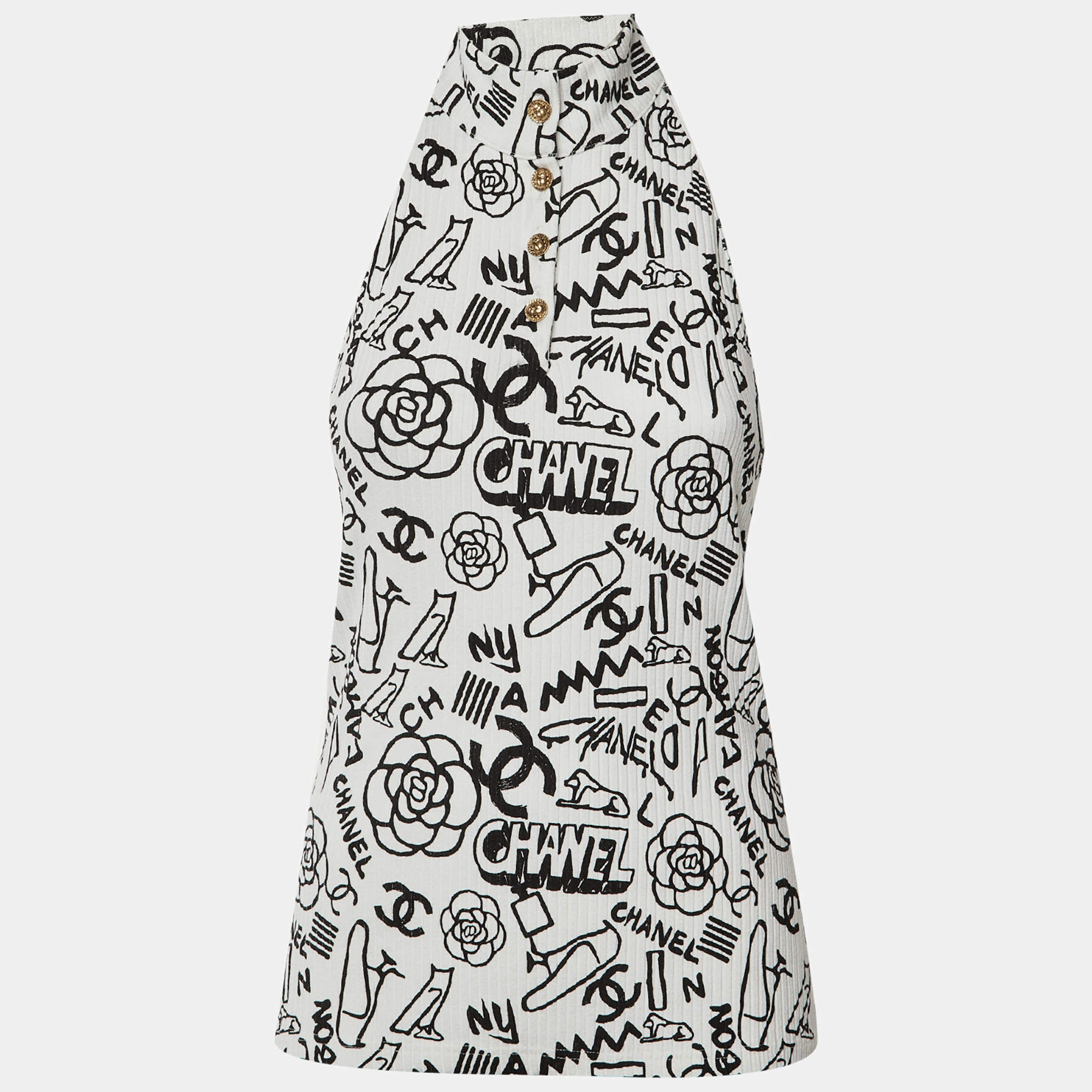 Pre Owned توب شانيل تريكوع أبيض ياقة مربط عنق كبير