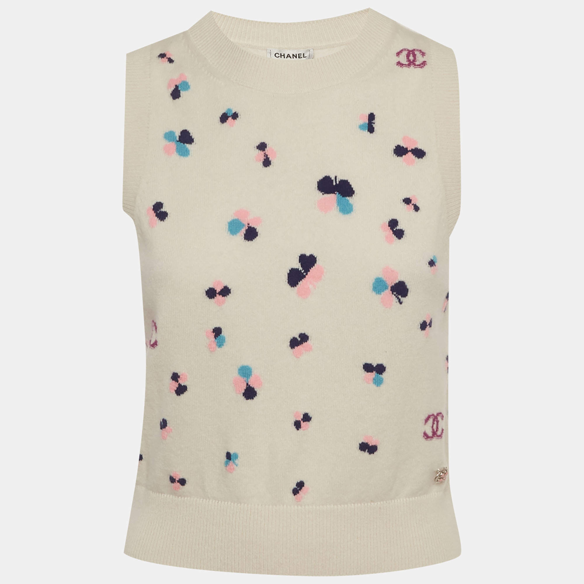 Pre Owned Chanel White Intarsia Cashmere Knit Sweater Vest S