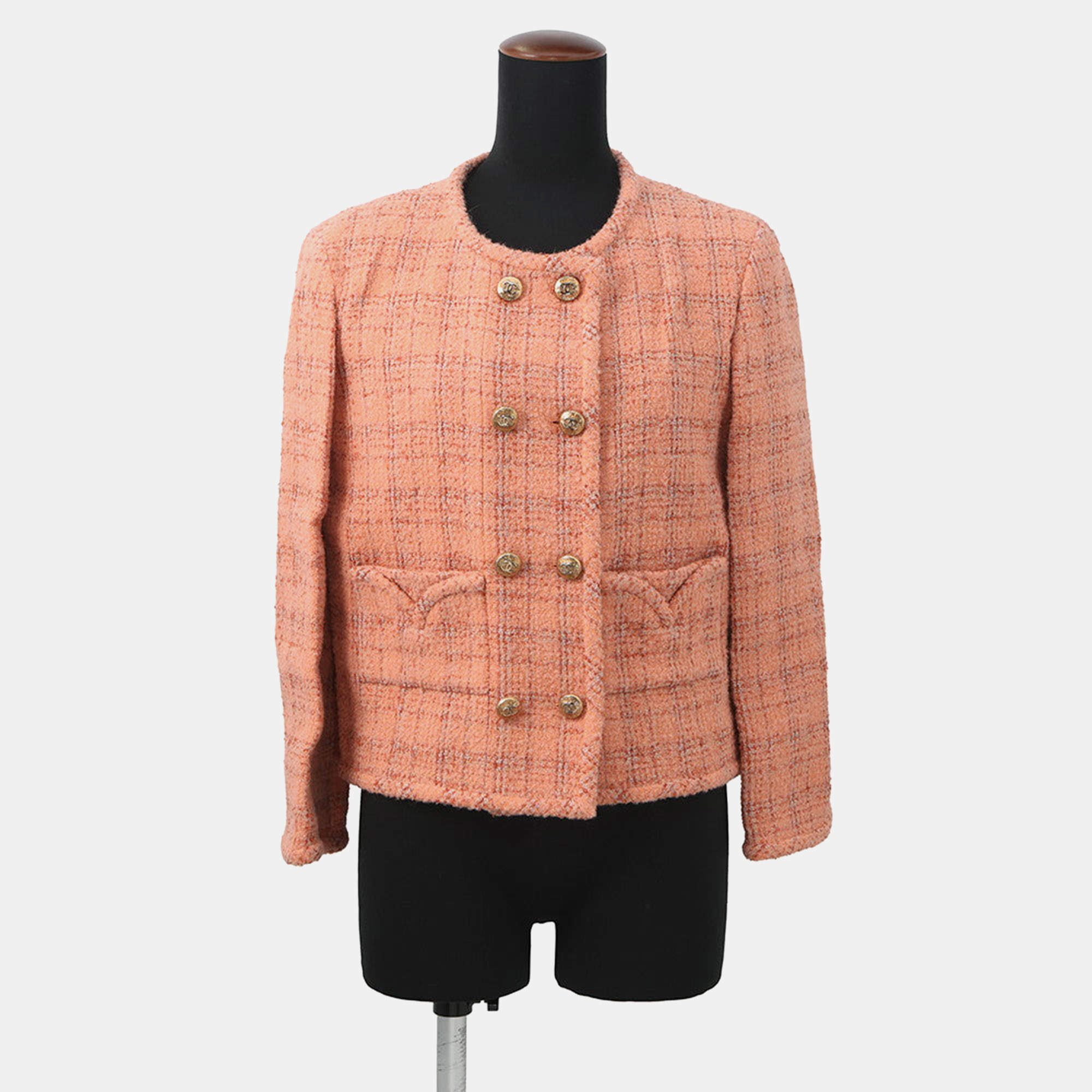 Pre Owned Chanel Collarless Jacket Wool, Alpaca, Polyamide, Paper Size 40 Orange