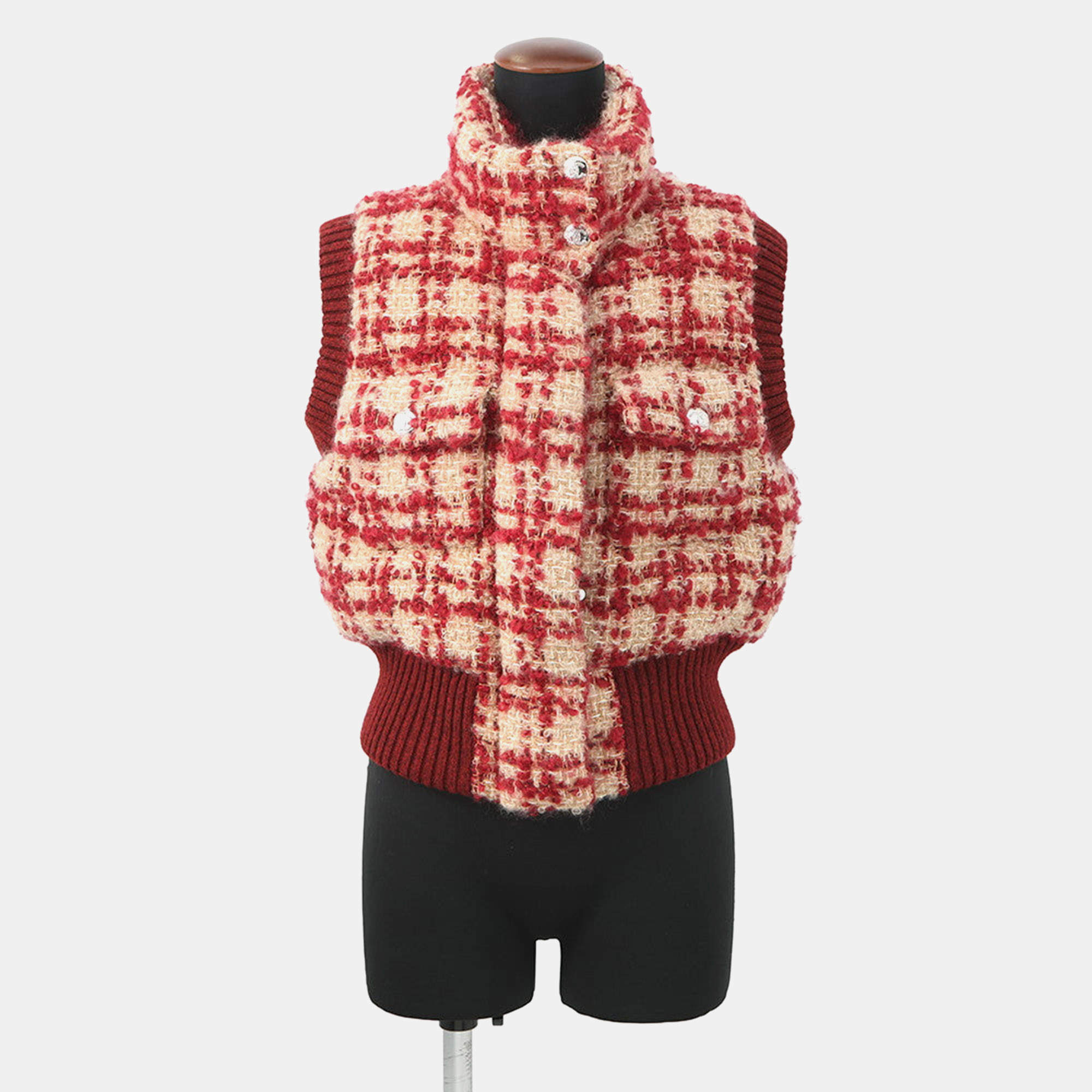 Pre Owned Chanel Tweed Cc Logo Down Vest Mohair, Wool, Polyester, Nylon, Linen Size 34 Red/Beige