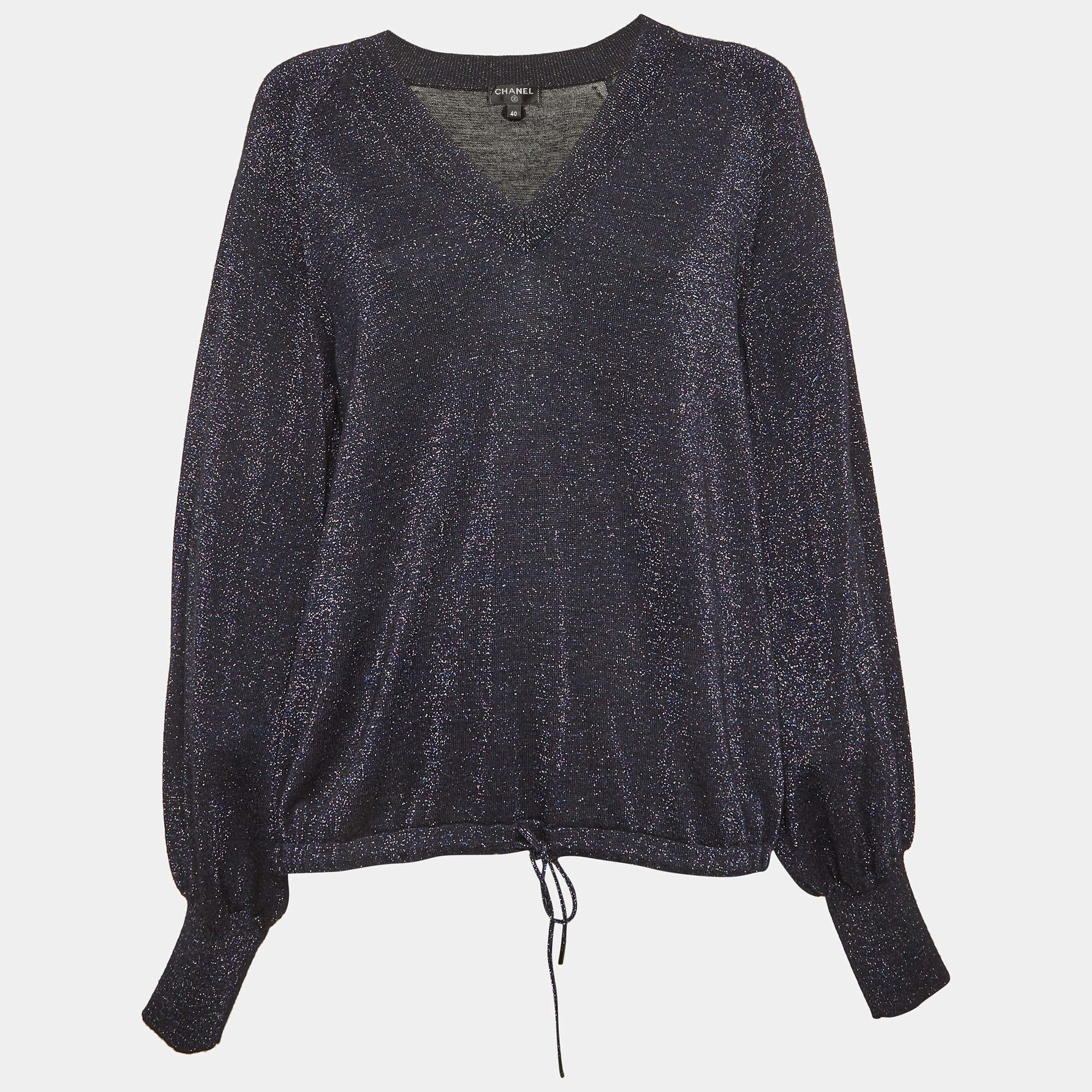 مملوكة مسبقًا Chanel Navy Blue Lurex Knit V-Neck Jumper M