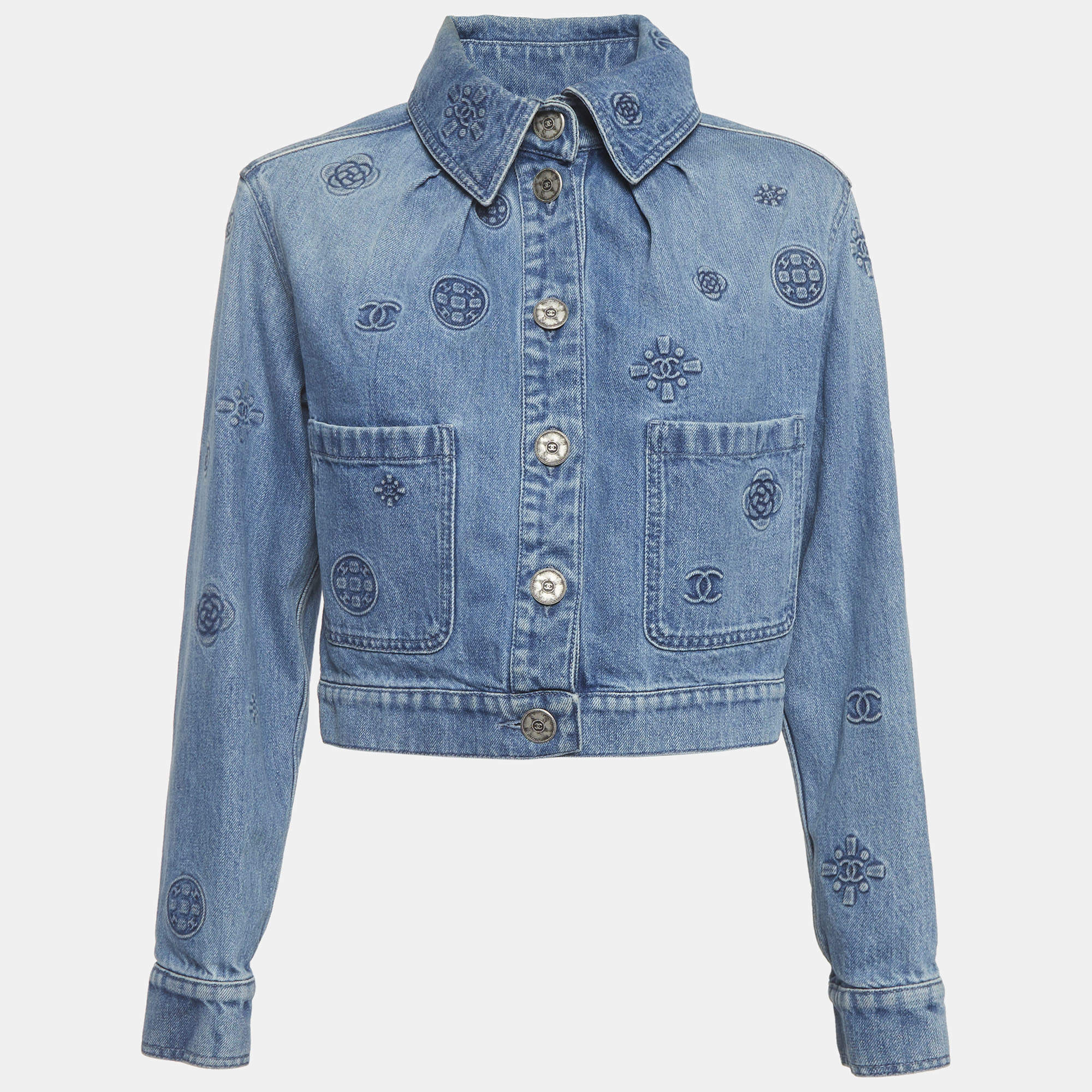 Pre Owned Chanel Blue Logo Patterned Denim Jacket S