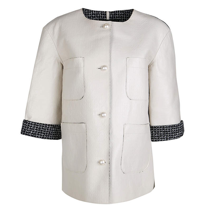 Pre Owned Chanel Off White Lambskin Leather Contrast Lined Pearl Buttoned Jacket M