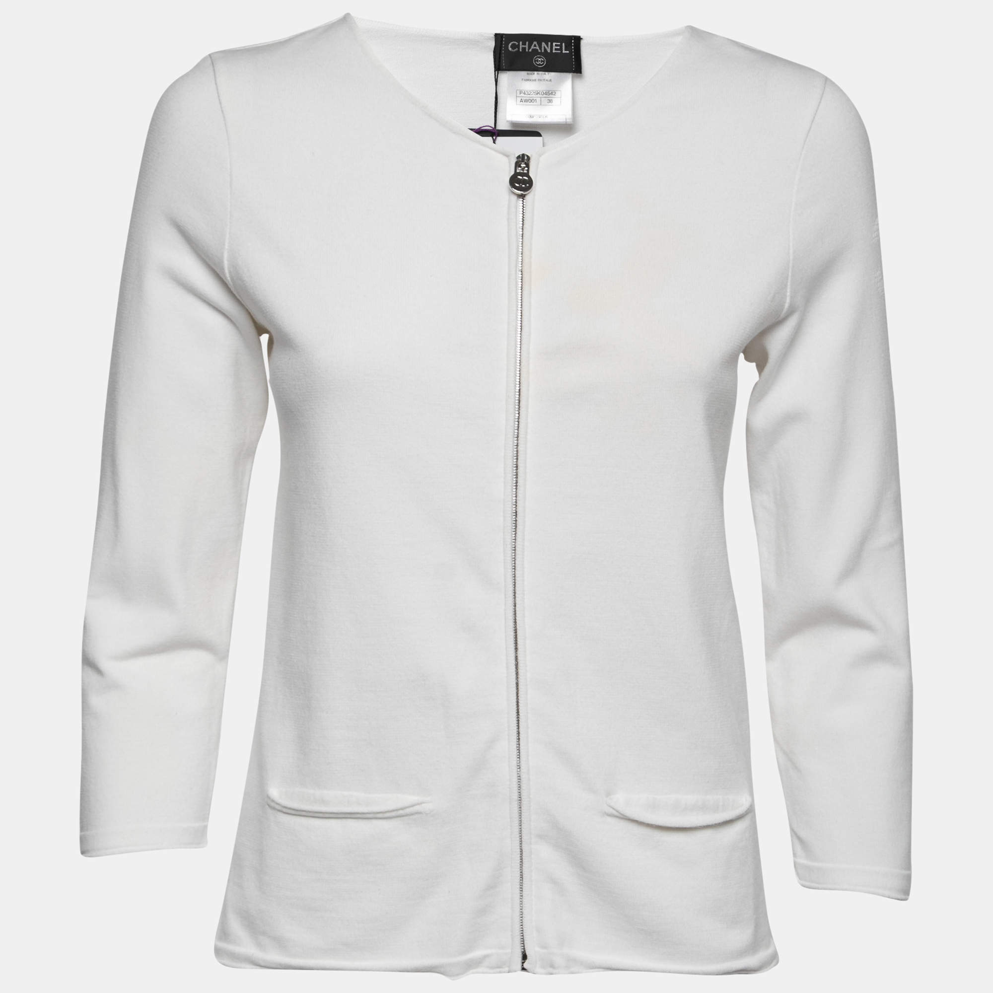 Chanel White Zip Front Knit Jacket M