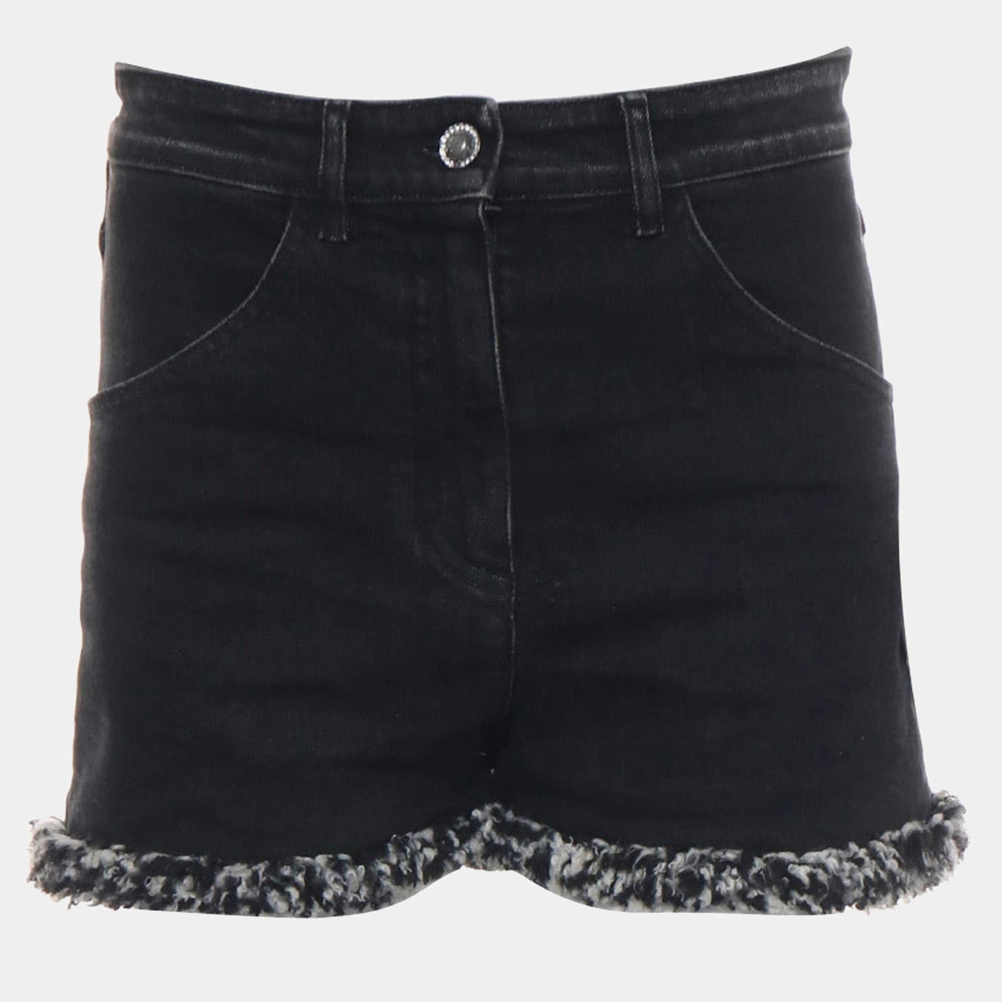 Pre Owned Chanel Tweed-Trims Denim High Waisted Shorts