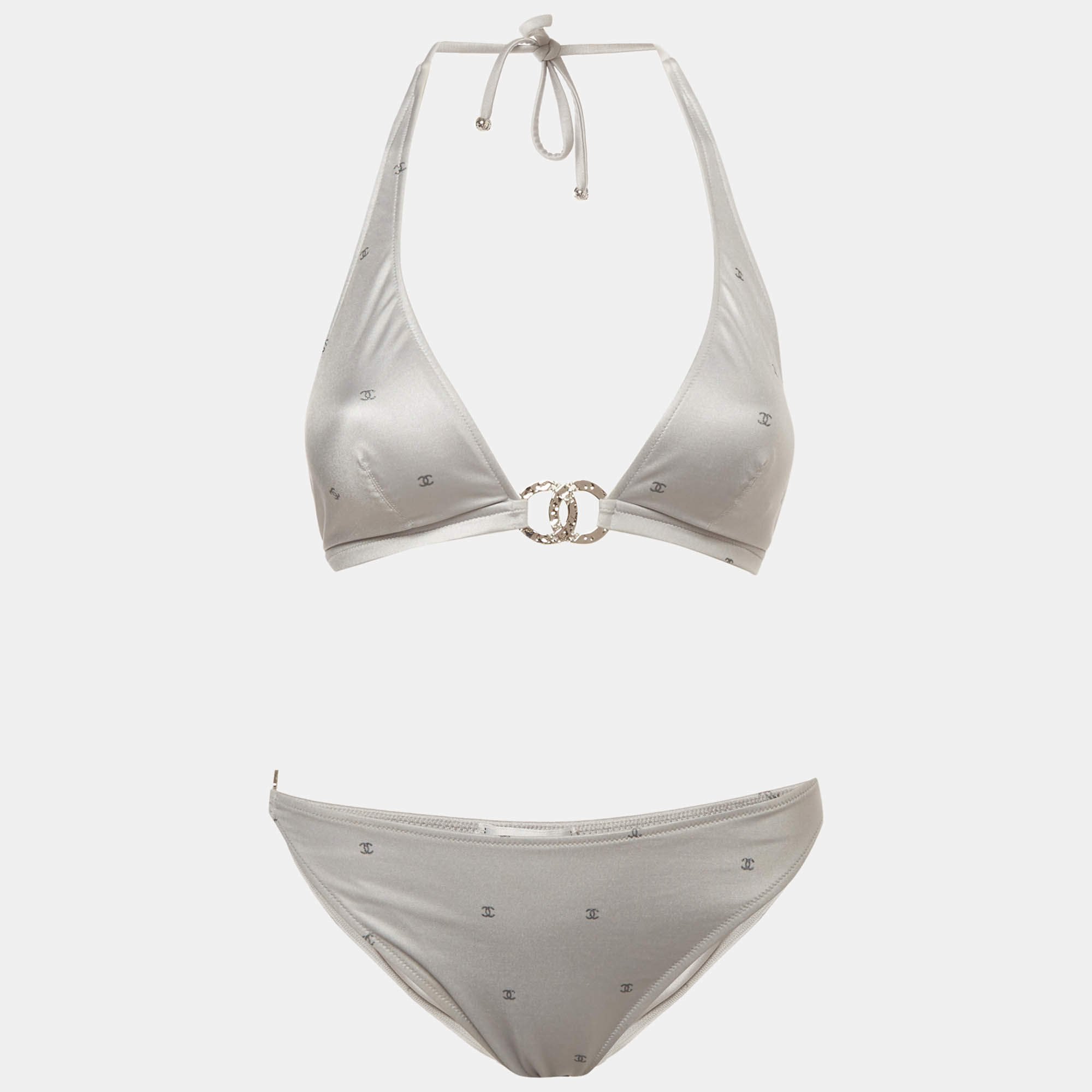Pre Owned Chanel Silver Nylon Blend Monogram Bikini Set M 