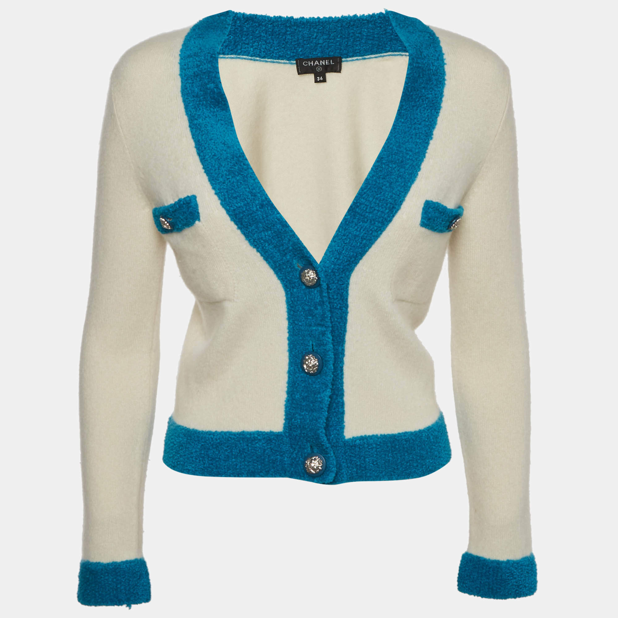 Pre Owned Chanel Cream/Blue Knit Button Front Cardigan S
